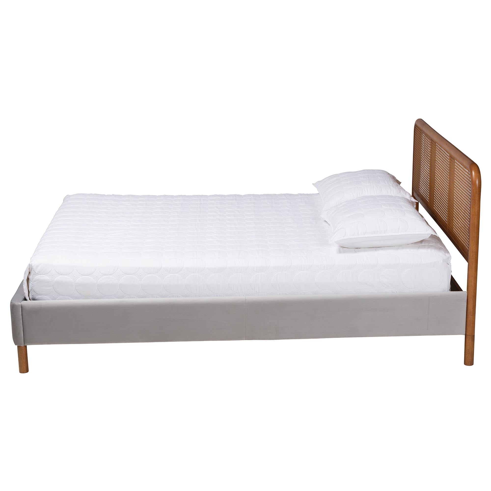 Melrose Mid-Century Modern Queen Bed - Light Grey Velvet Platform with Rattan