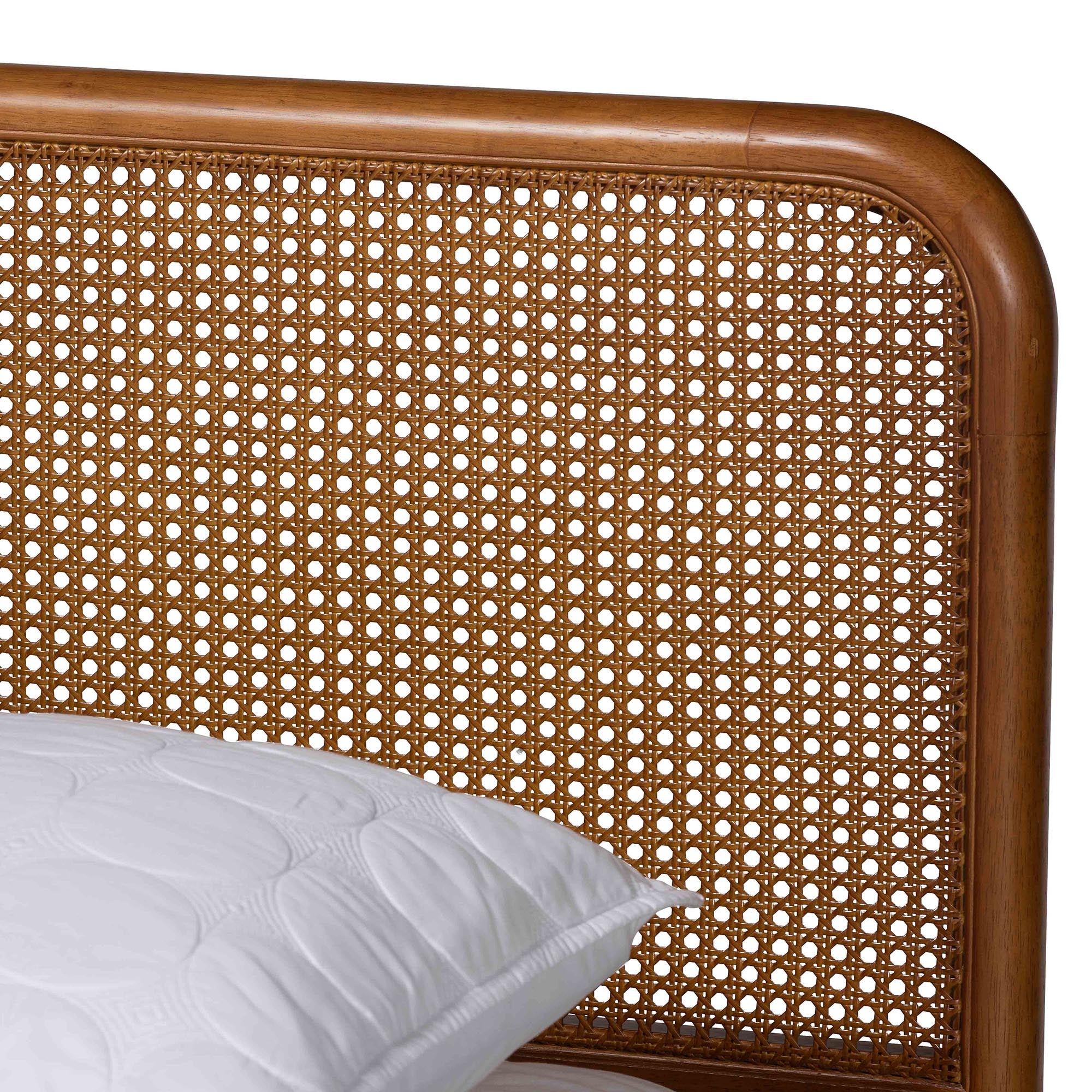 Melrose Mid-Century Modern Queen Bed - Light Grey Velvet Platform with Rattan