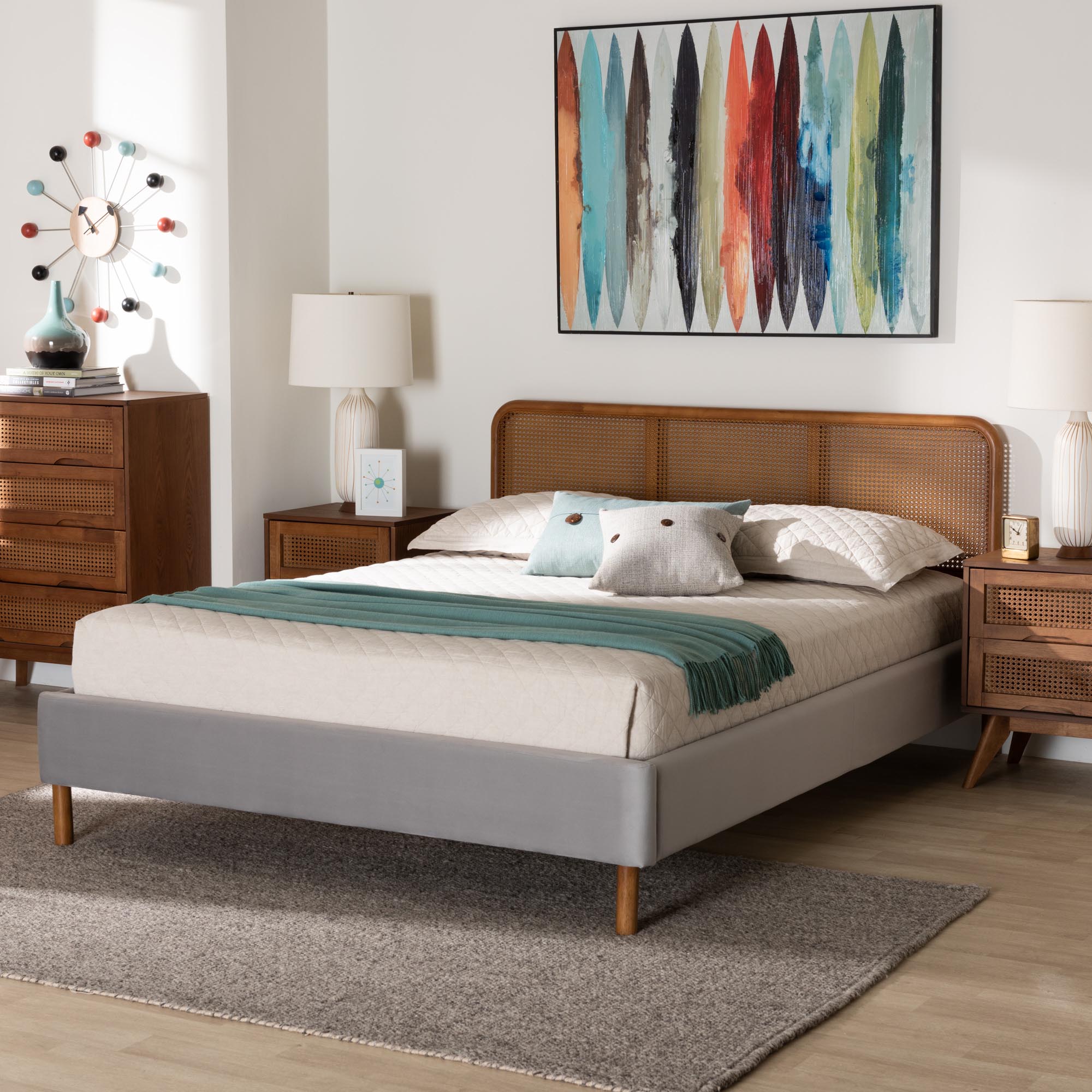 Melrose Mid-Century Modern Queen Bed - Light Grey Velvet Platform with Rattan
