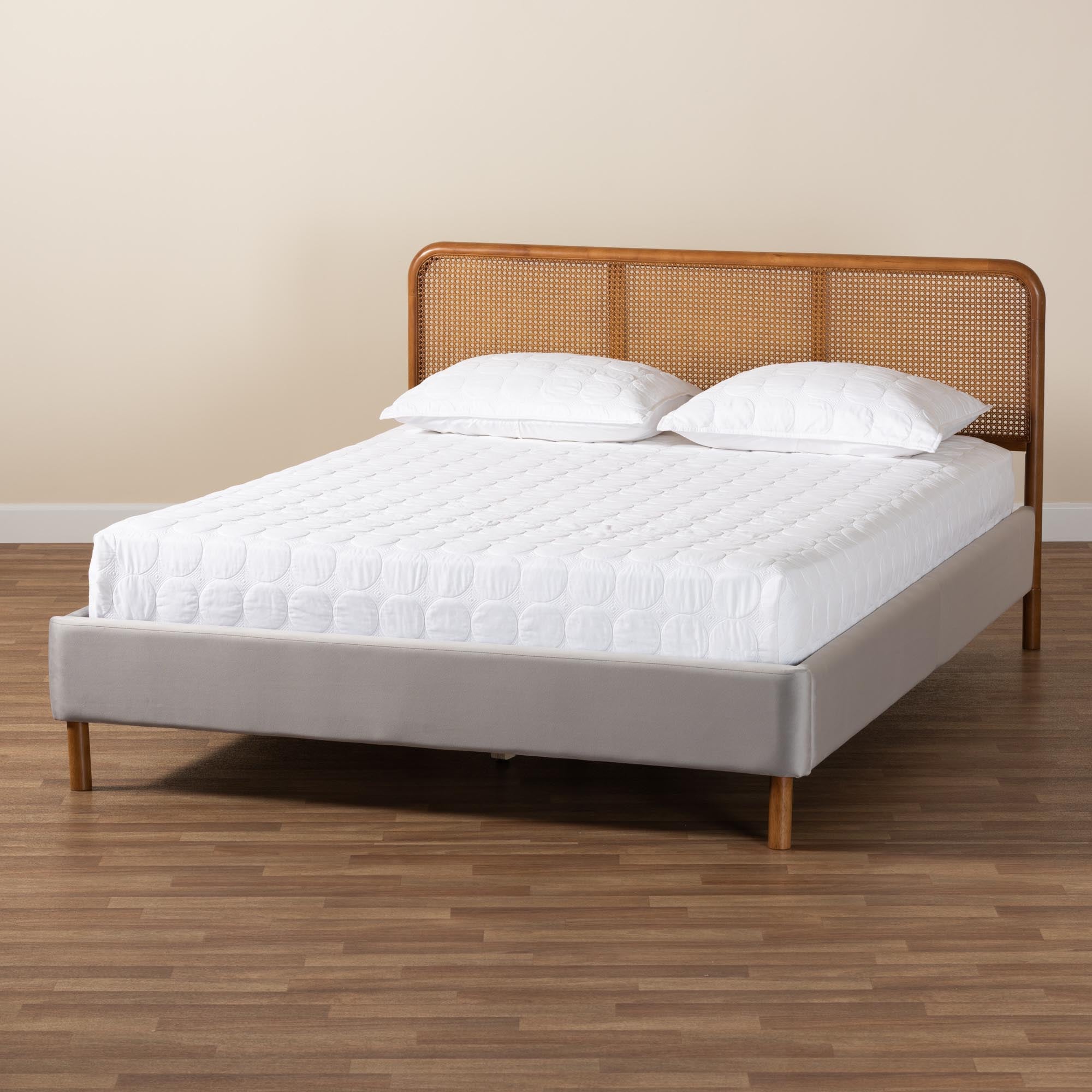 Melrose Mid-Century Modern Queen Bed - Light Grey Velvet Platform with Rattan