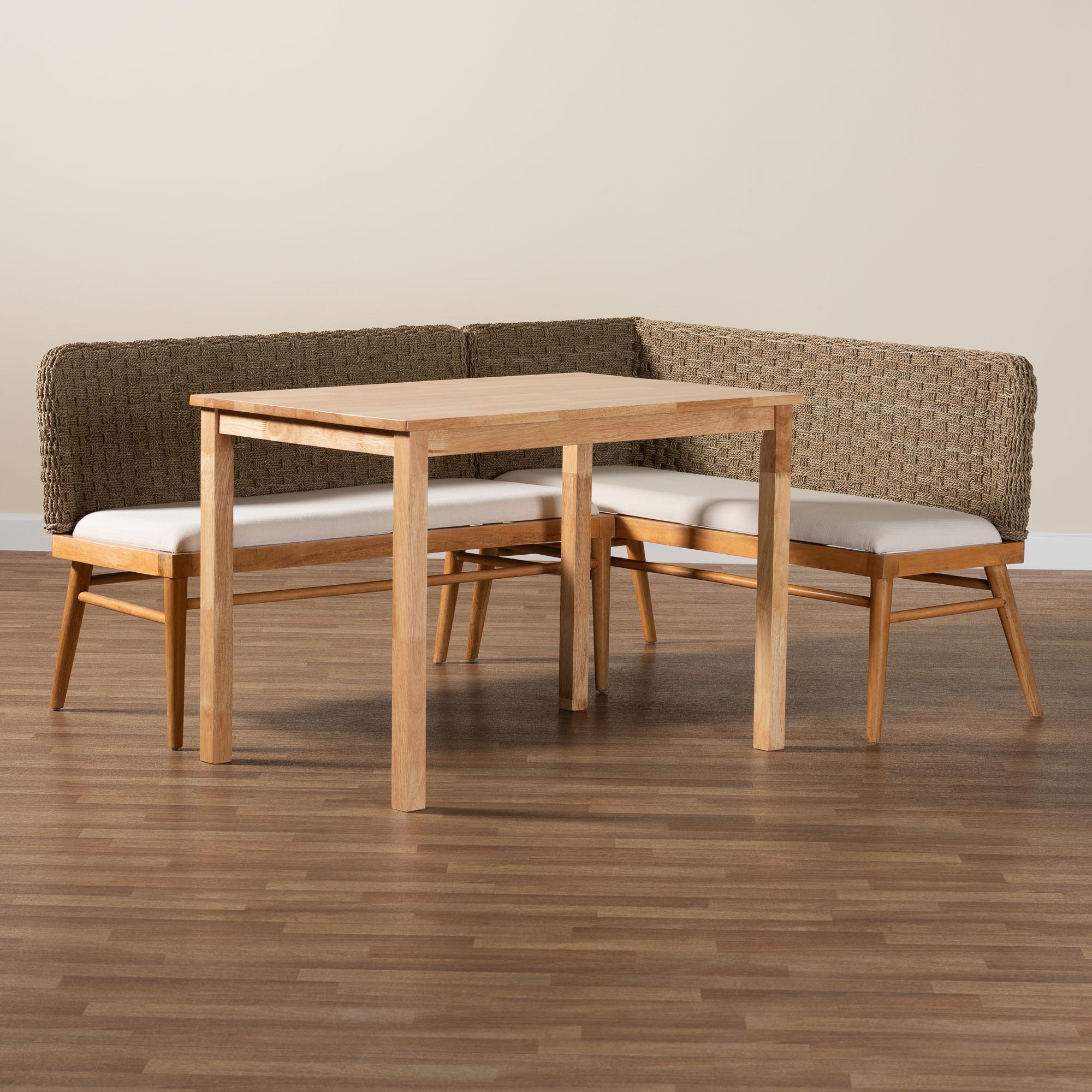 Denver Modern Bohemian Natural Seagrass and Acacia Wood 3-Piece Dining Nook Set