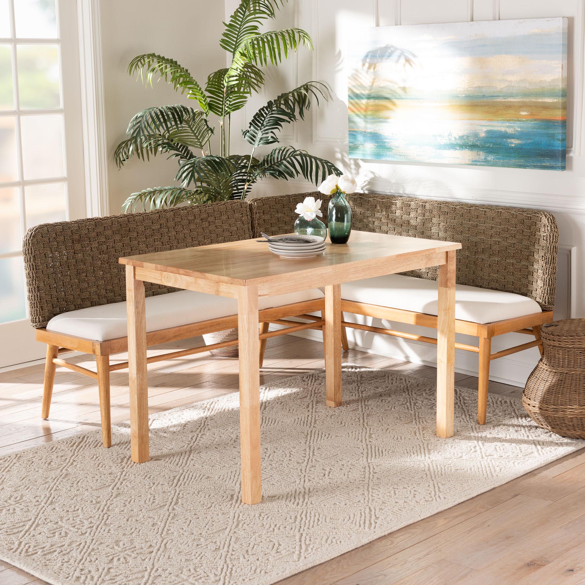 Denver Modern Bohemian Natural Seagrass and Acacia Wood 3-Piece Dining Nook Set