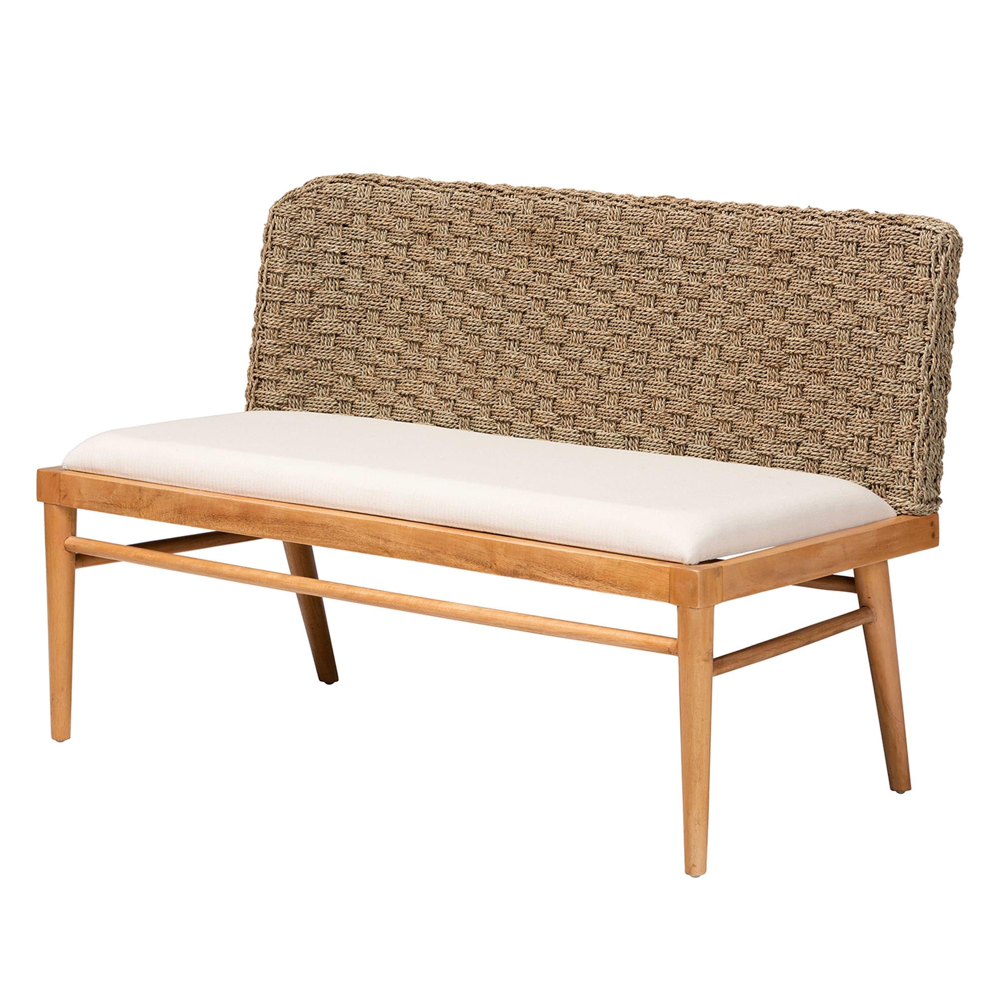 Denver Modern Bohemian Natural Seagrass and Acacia Wood 2-Piece Dining Nook Banquette Set
