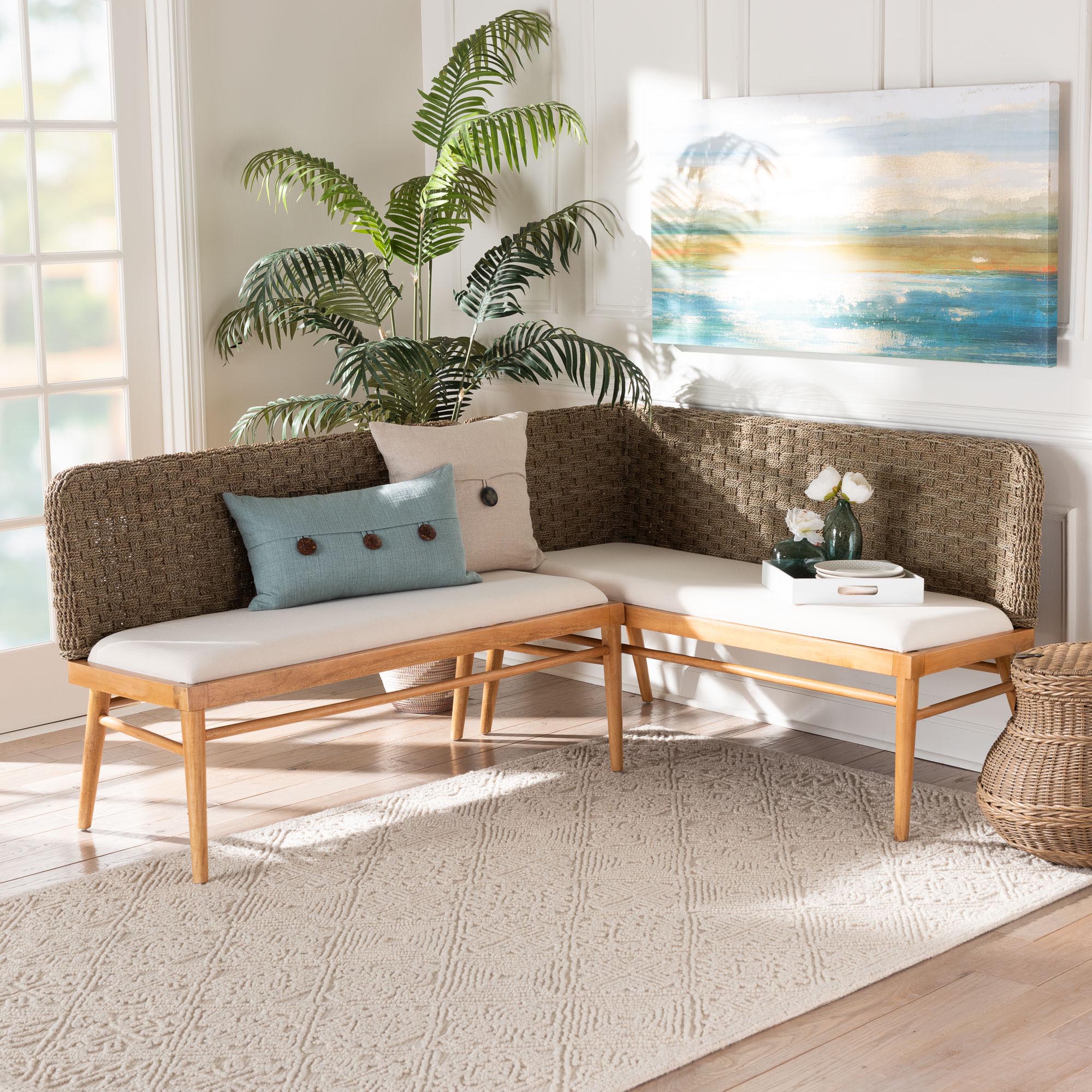 Denver Modern Bohemian Natural Seagrass and Acacia Wood 2-Piece Dining Nook Banquette Set