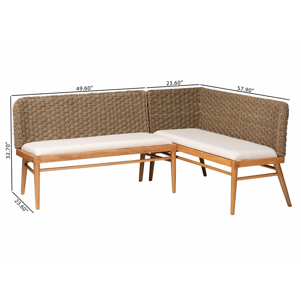 Denver Modern Bohemian Natural Seagrass and Acacia Wood 2-Piece Dining Nook Banquette Set