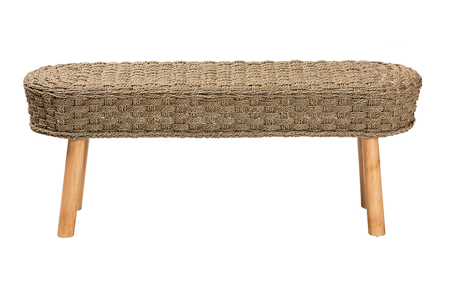 Denver Modern Bohemian Natural Seagrass and Acacia Wood Accent Bench