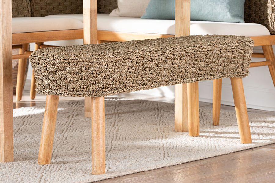Denver Modern Bohemian Natural Seagrass and Acacia Wood Accent Bench
