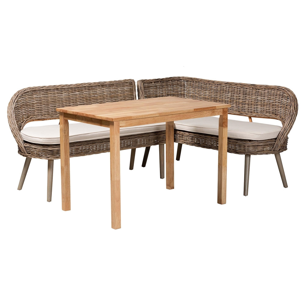 Raisa Modern Bohemian Natural Kubu Rattan Bench and Wood Table 3-Piece Dining Nook Set