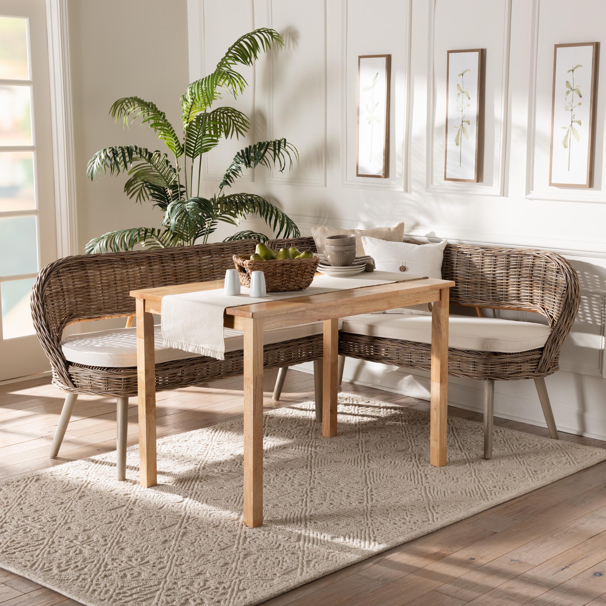 Raisa Modern Bohemian Natural Kubu Rattan Bench and Wood Table 3-Piece Dining Nook Set