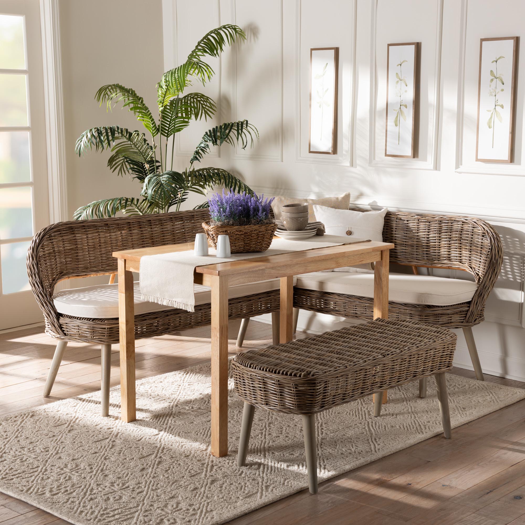 Raisa Modern Bohemian Natural Kubu Rattan Bench and Wood Table 4-Piece Dining Nook Set