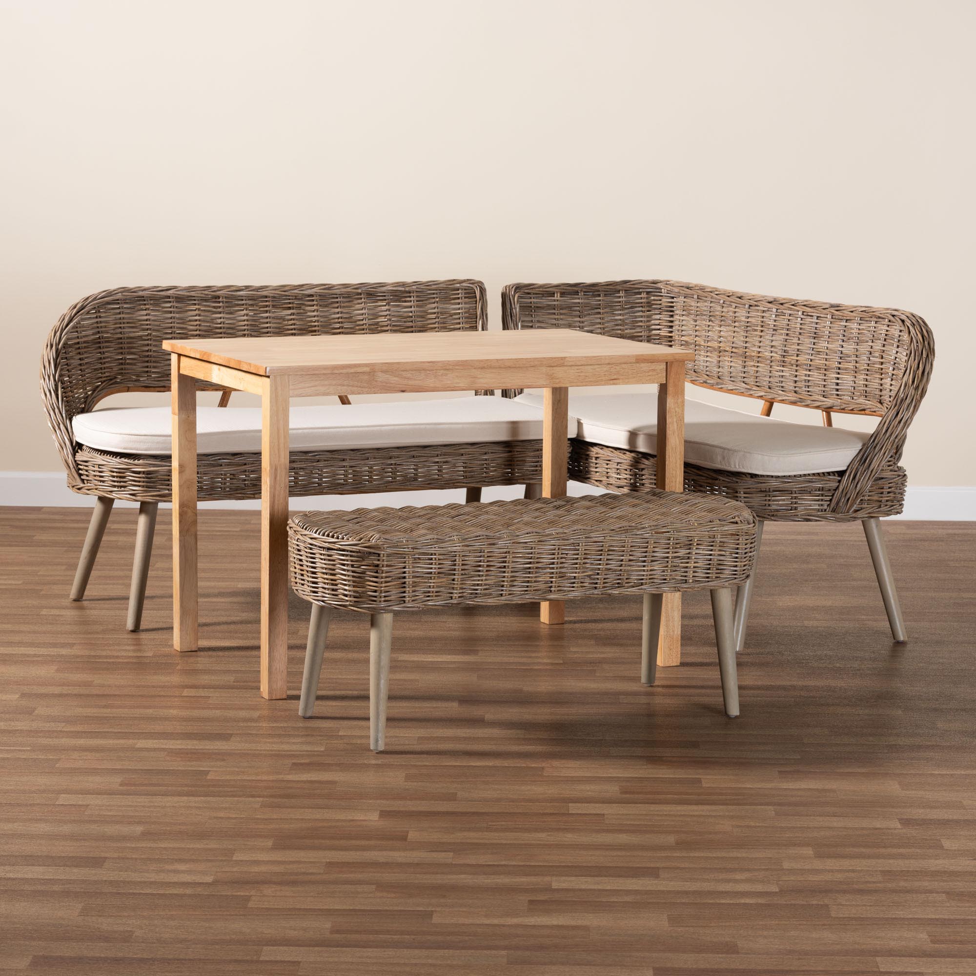 Raisa Modern Bohemian Natural Kubu Rattan Bench and Wood Table 4-Piece Dining Nook Set
