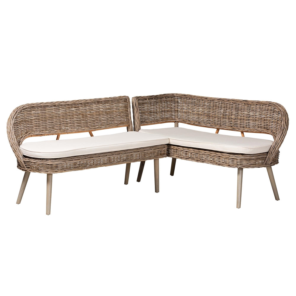 Raisa Modern Bohemian Natural Kubu Rattan and Grey Acacia Wood 2-Piece Dining Nook Banquette Set