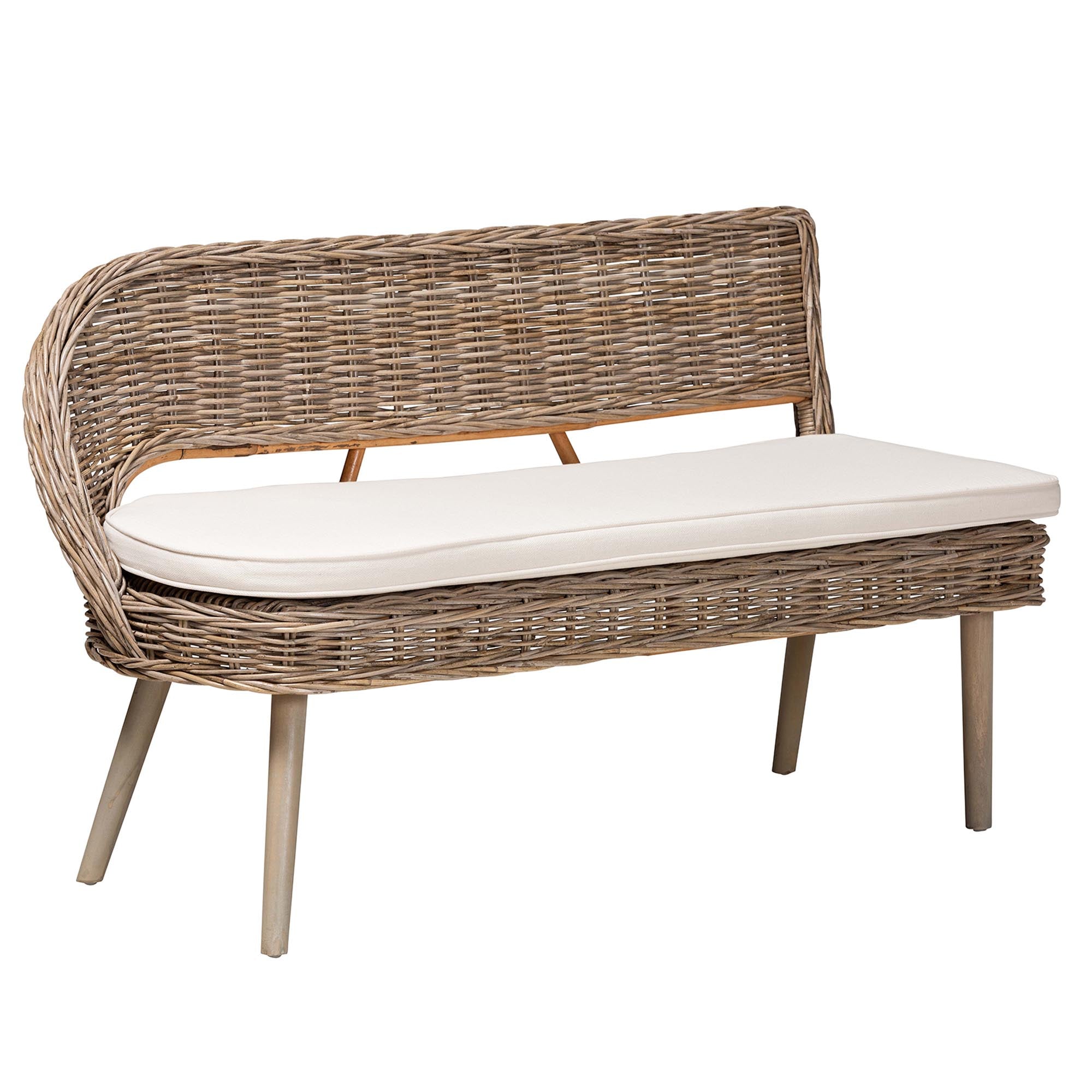 Raisa Modern Bohemian Natural Kubu Rattan and Grey Acacia Wood 2-Piece Dining Nook Banquette Set