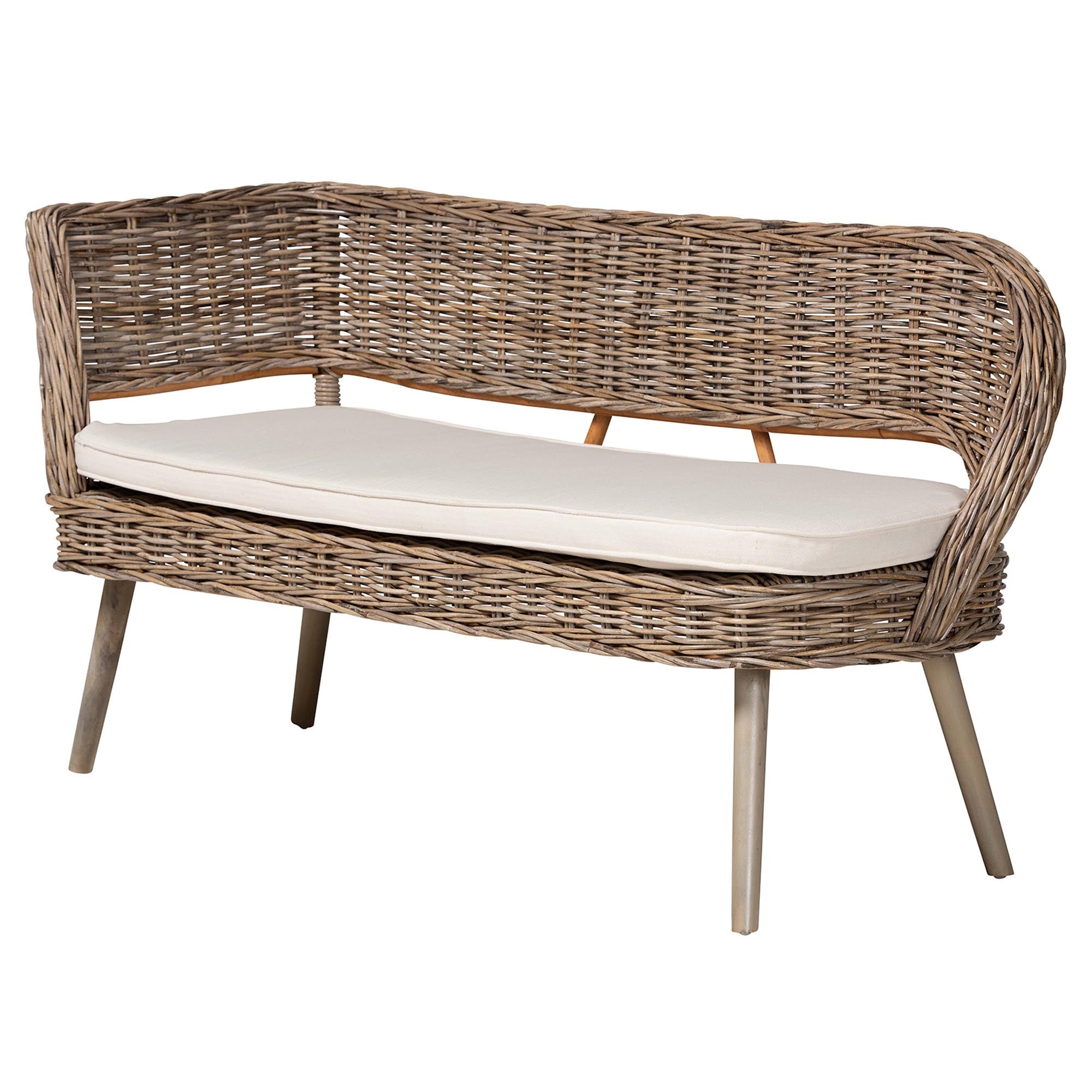 Raisa Modern Bohemian Natural Kubu Rattan and Grey Acacia Wood 2-Piece Dining Nook Banquette Set