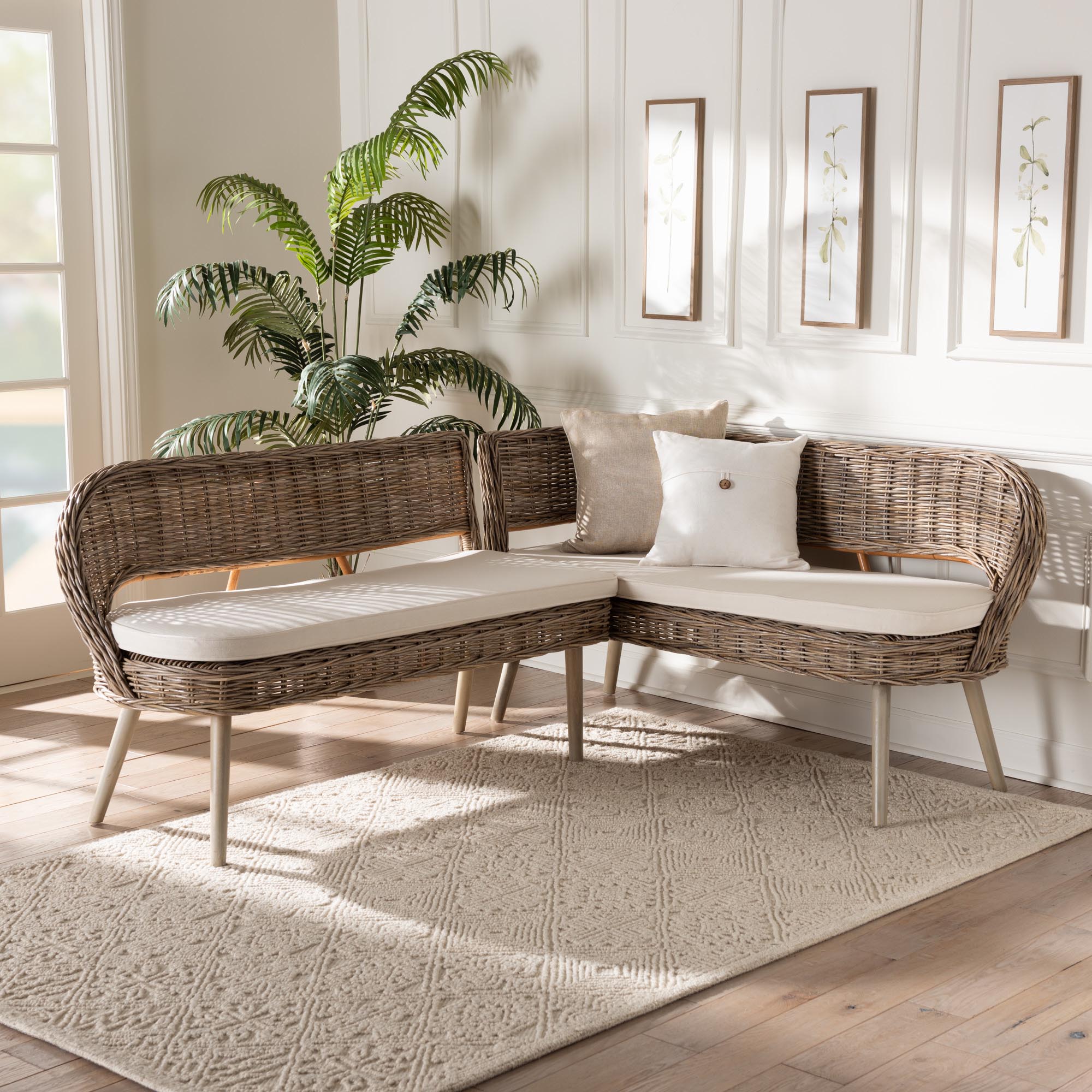 Raisa Modern Bohemian Natural Kubu Rattan and Grey Acacia Wood 2-Piece Dining Nook Banquette Set