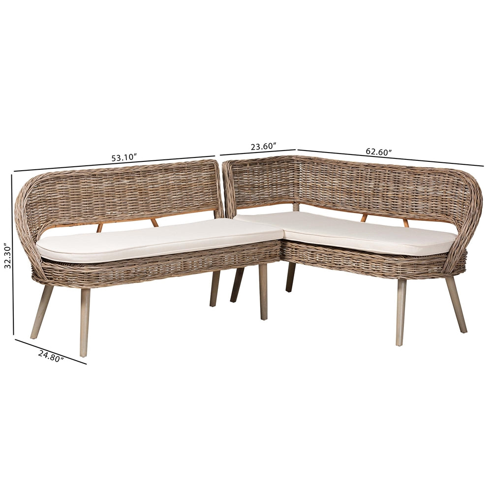 Raisa Modern Bohemian Natural Kubu Rattan and Grey Acacia Wood 2-Piece Dining Nook Banquette Set