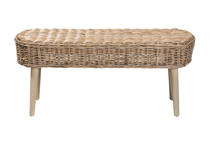 Raisa Modern Bohemian Natural Kubu Rattan and Grey Acacia Wood Accent Bench