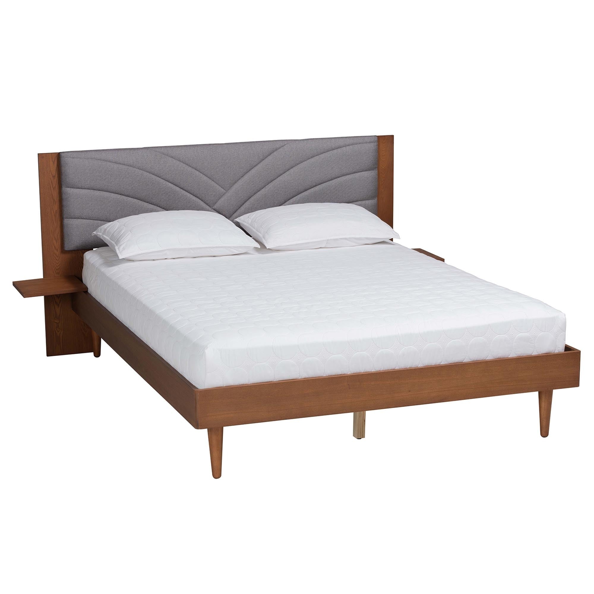 Ricardo Queen Size Fabric Platform Bed – Grey Upholstered, Walnut Wood Frame & Side Table