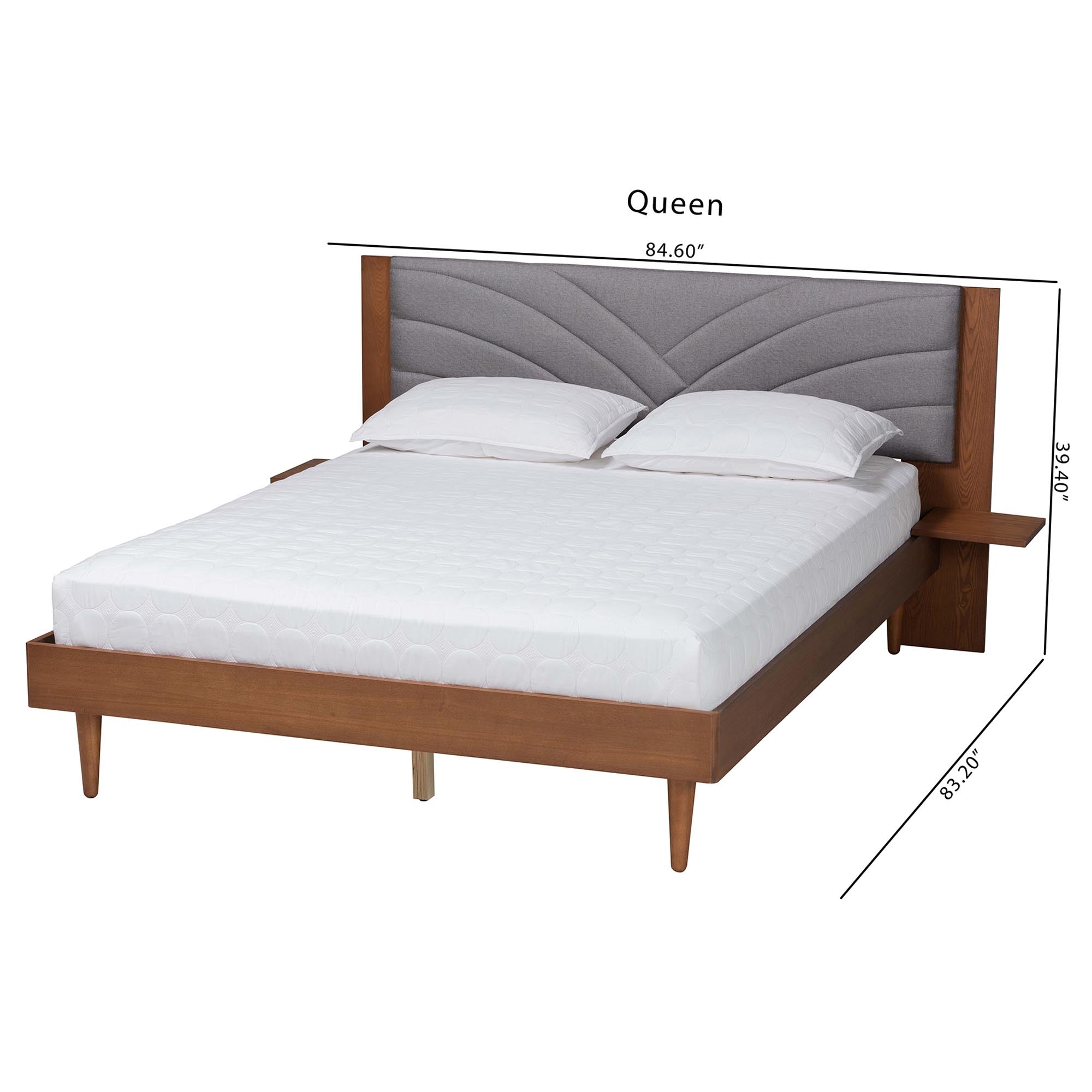 Ricardo Queen Size Fabric Platform Bed – Grey Upholstered, Walnut Wood Frame & Side Table
