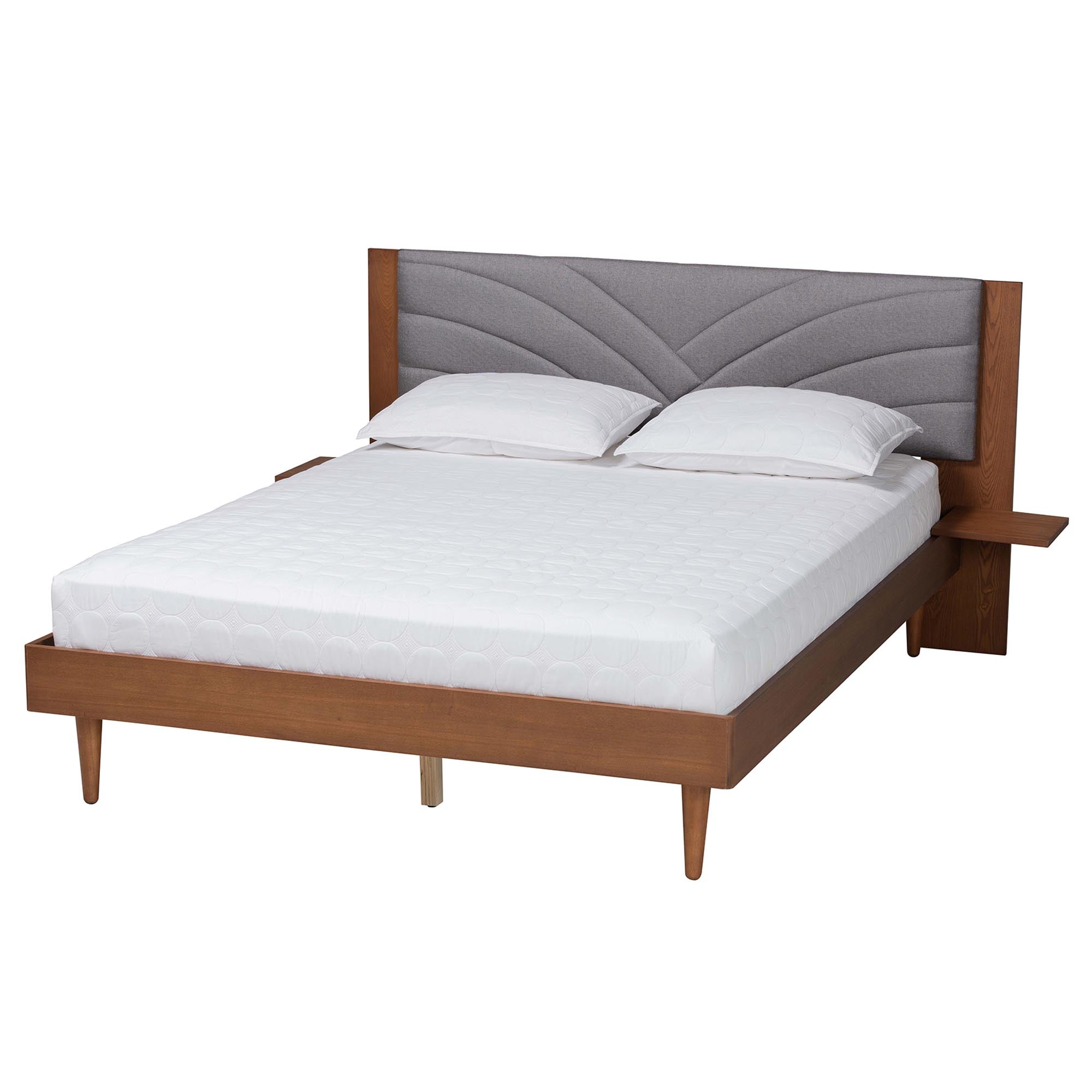 Merryl King Grey Fabric & Walnut Brown Wood Platform Bed Tufted Headboard with Built‑In Side Shelves