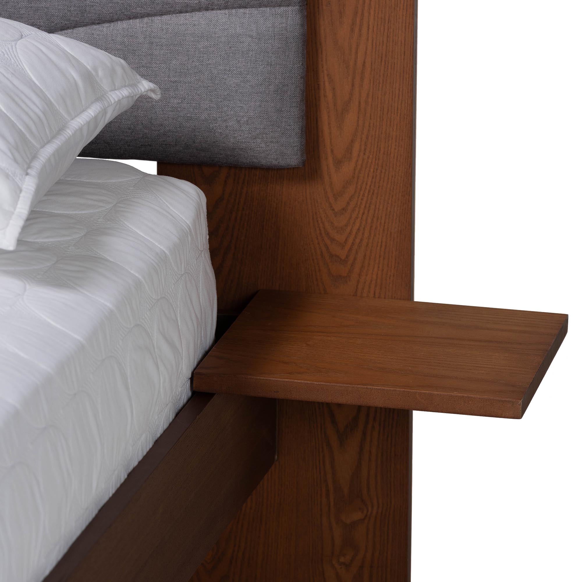 Ricardo Queen Size Fabric Platform Bed – Grey Upholstered, Walnut Wood Frame & Side Table