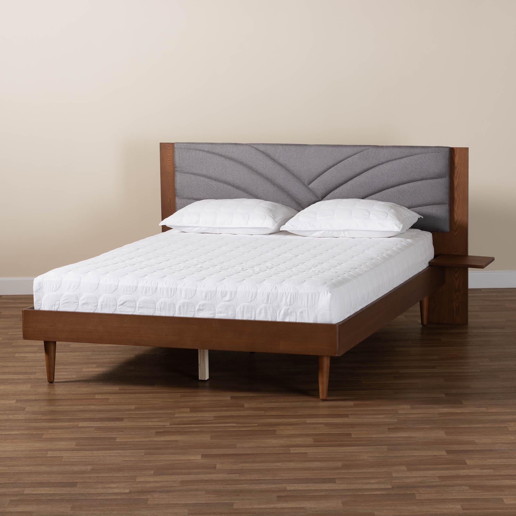 Ricardo Queen Size Fabric Platform Bed – Grey Upholstered, Walnut Wood Frame & Side Table