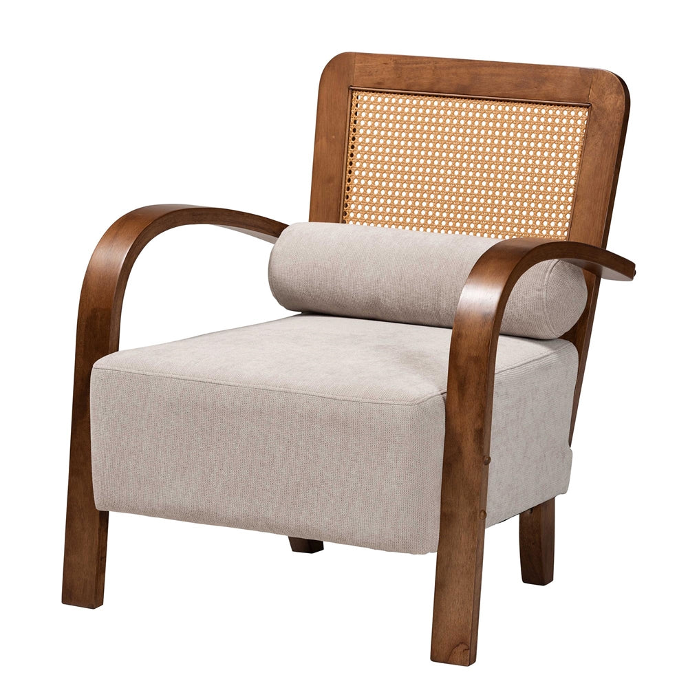 Sage Modern Japandi Light Grey Fabric and Walnut Brown Finished Wood Arm Chair with Woven Rattan