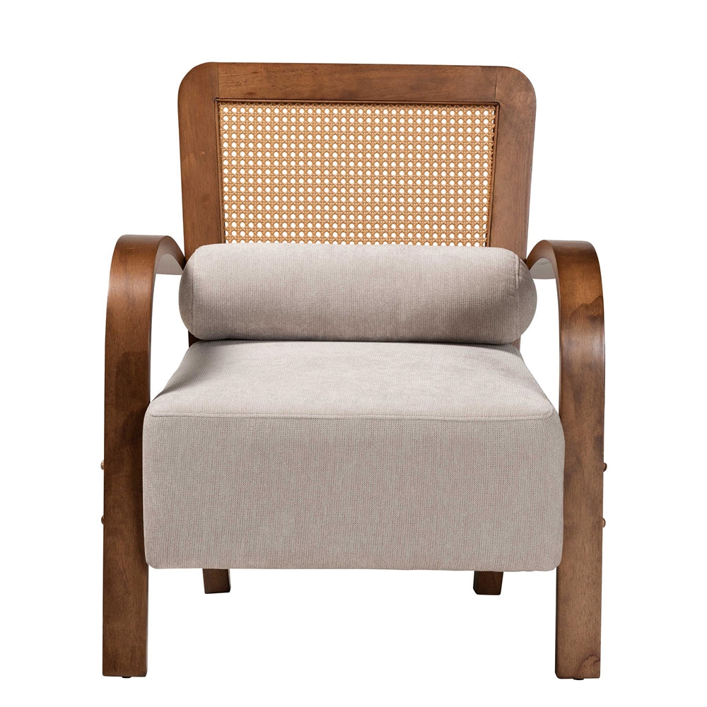 Sage Modern Japandi Light Grey Fabric and Walnut Brown Finished Wood Arm Chair with Woven Rattan