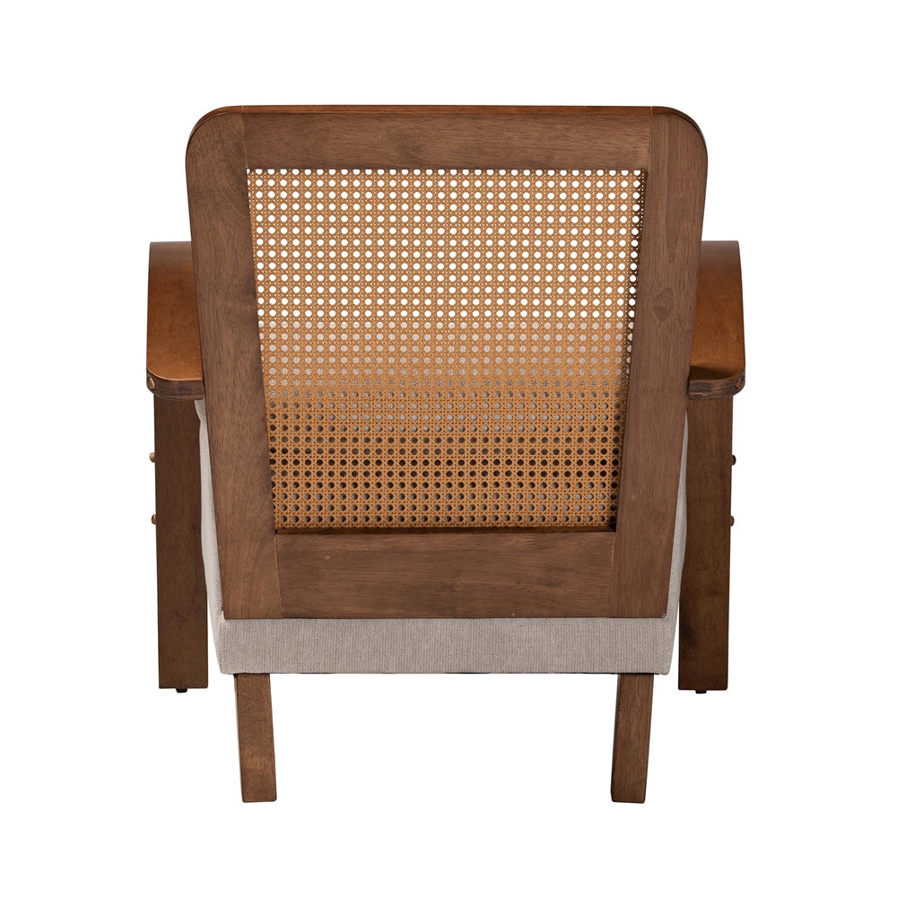 Sage Modern Japandi Light Grey Fabric and Walnut Brown Finished Wood Arm Chair with Woven Rattan