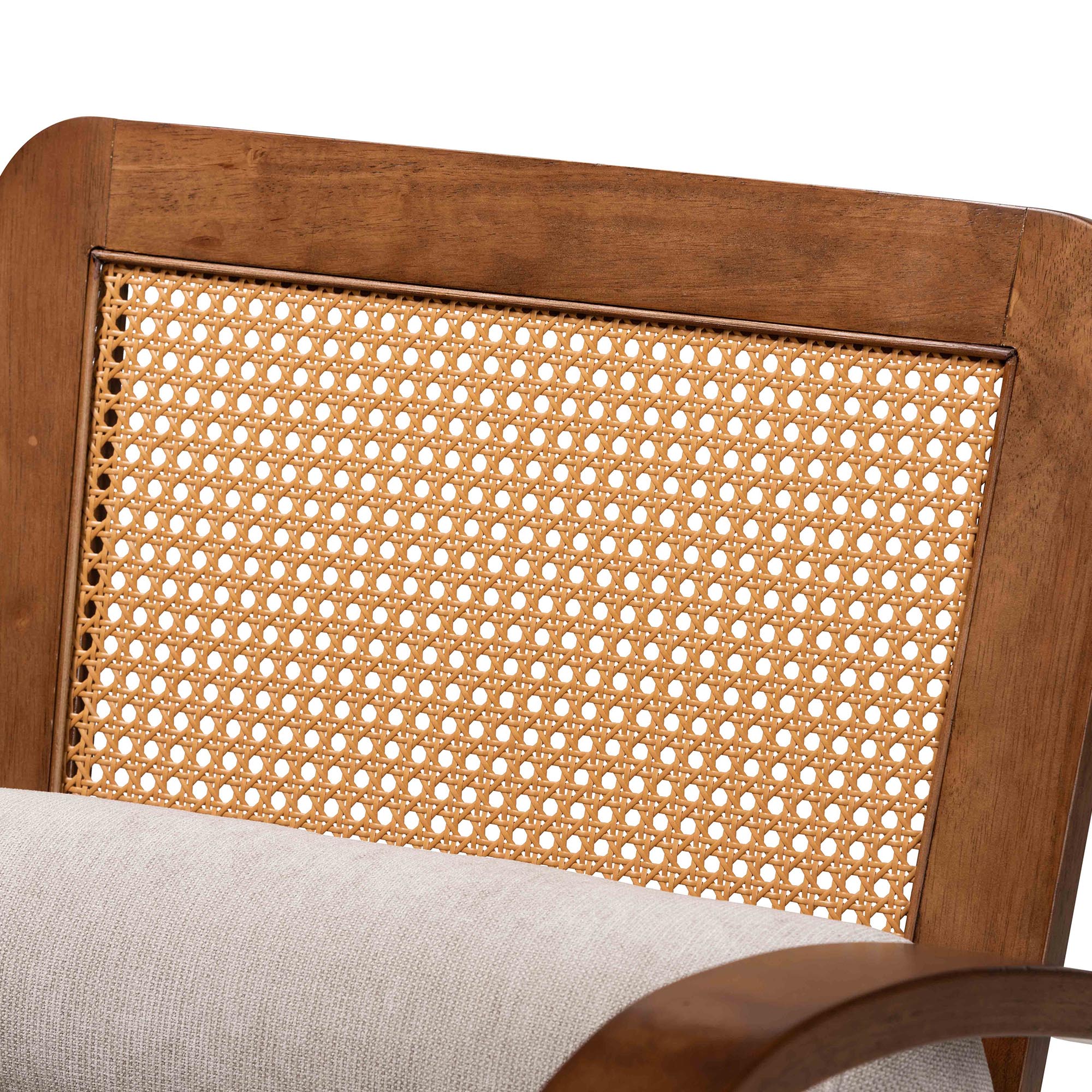 Sage Modern Japandi Light Grey Fabric and Walnut Brown Finished Wood Arm Chair with Woven Rattan