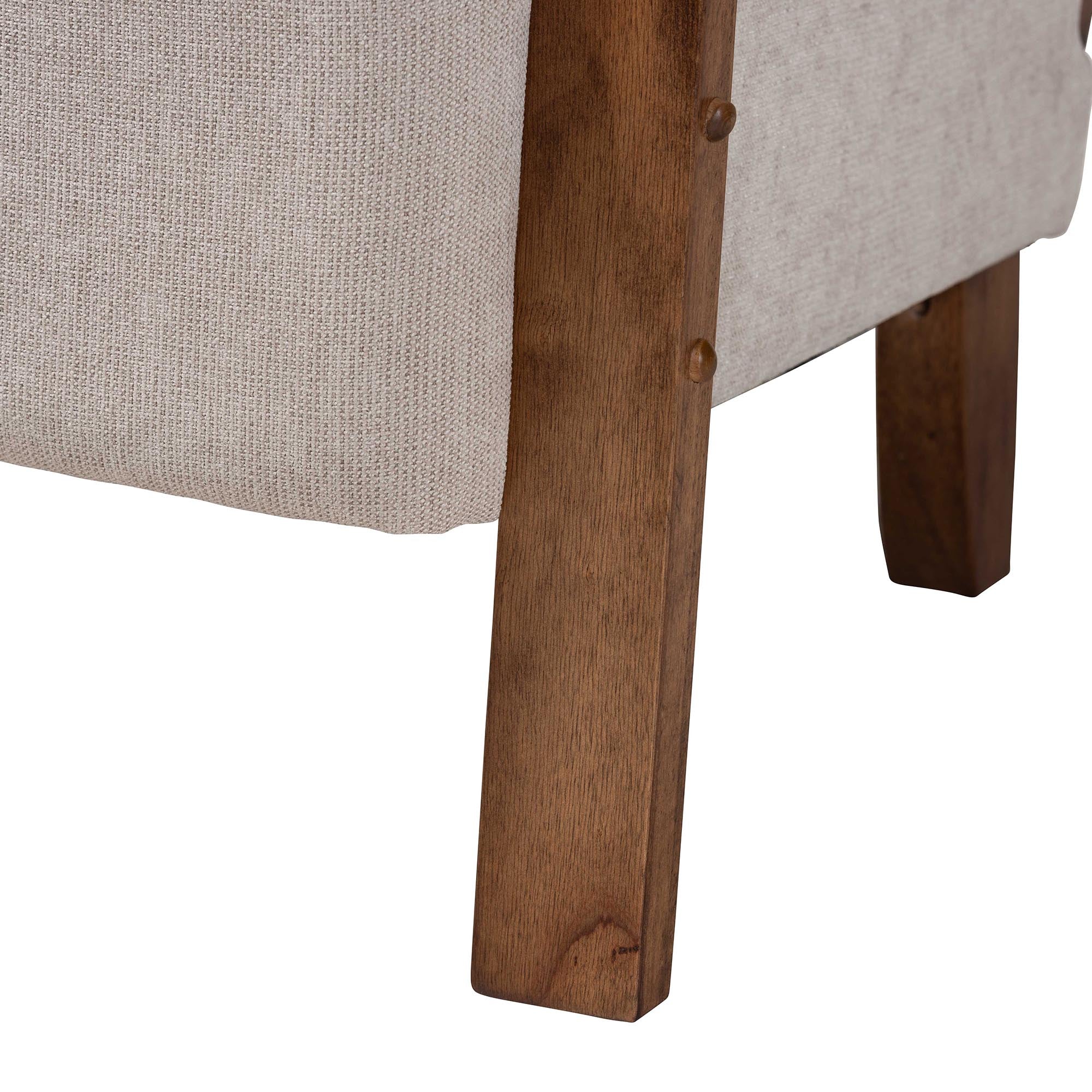Sage Modern Japandi Light Grey Fabric and Walnut Brown Finished Wood Arm Chair with Woven Rattan