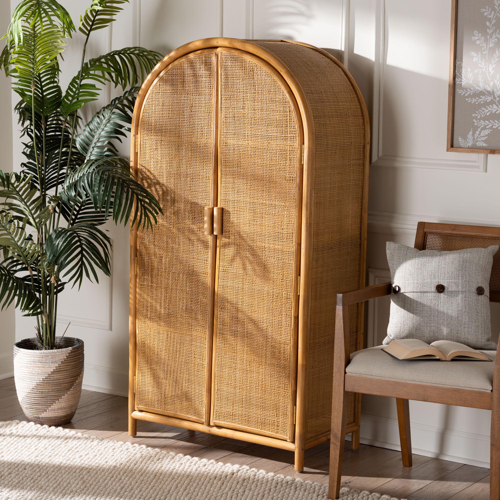 Paloma Modern Bohemian Light Honey Rattan Large Storage Cabinet