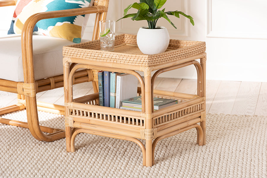 Lombok Modern Bohemian Natural Rattan End Table