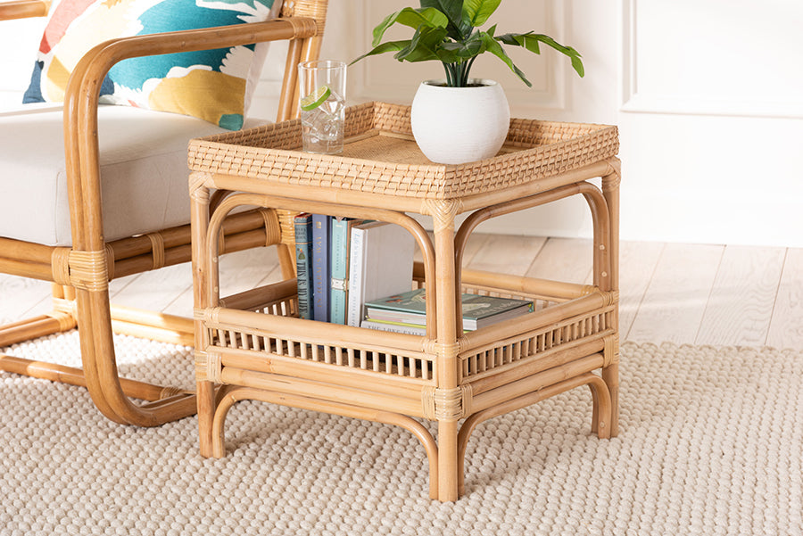 Lombok Modern Bohemian Natural Rattan End Table