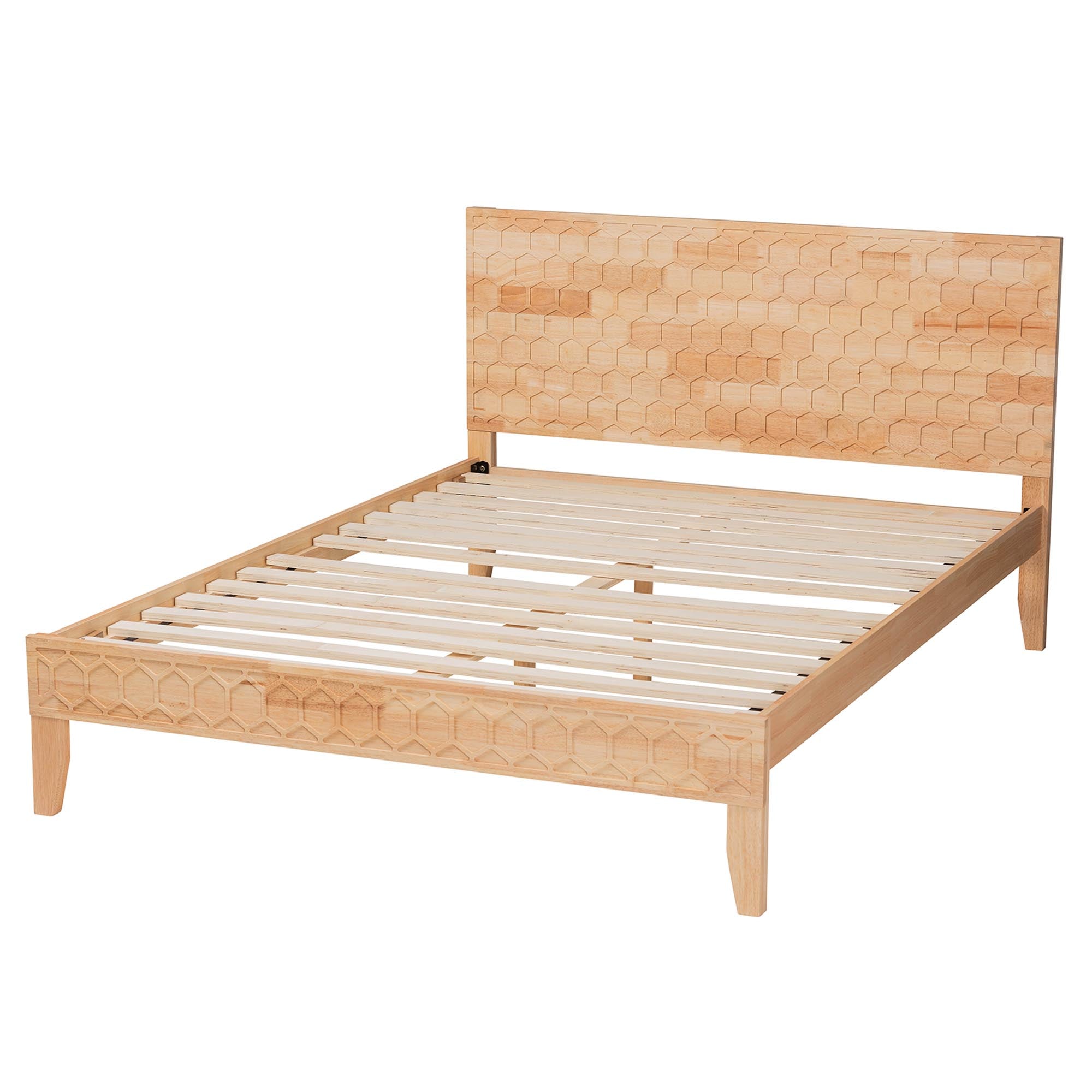 Shepton Queen Rubberwood Platform Bed – Carved Honeycomb Japandi Design