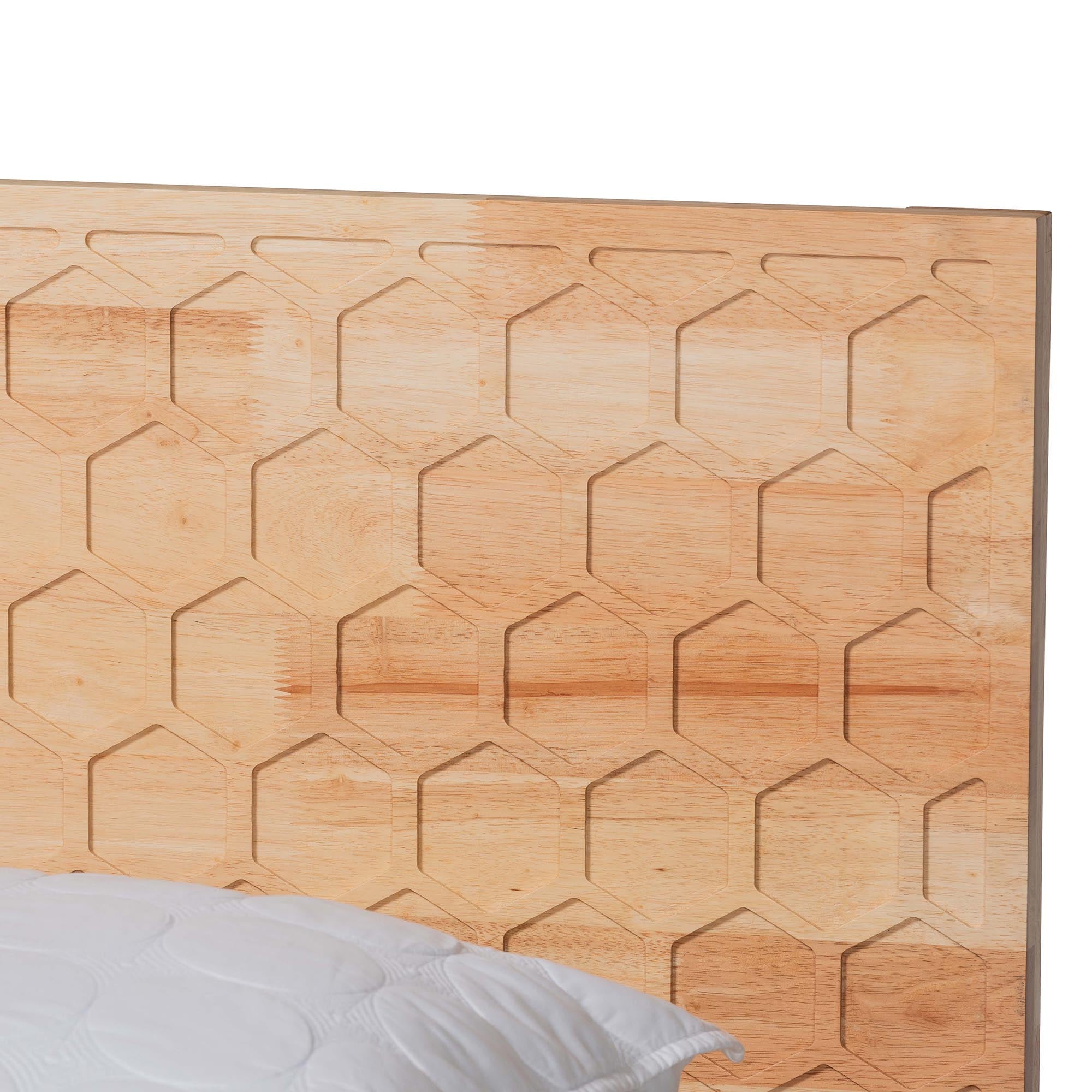 Shepton Queen Rubberwood Platform Bed – Carved Honeycomb Japandi Design