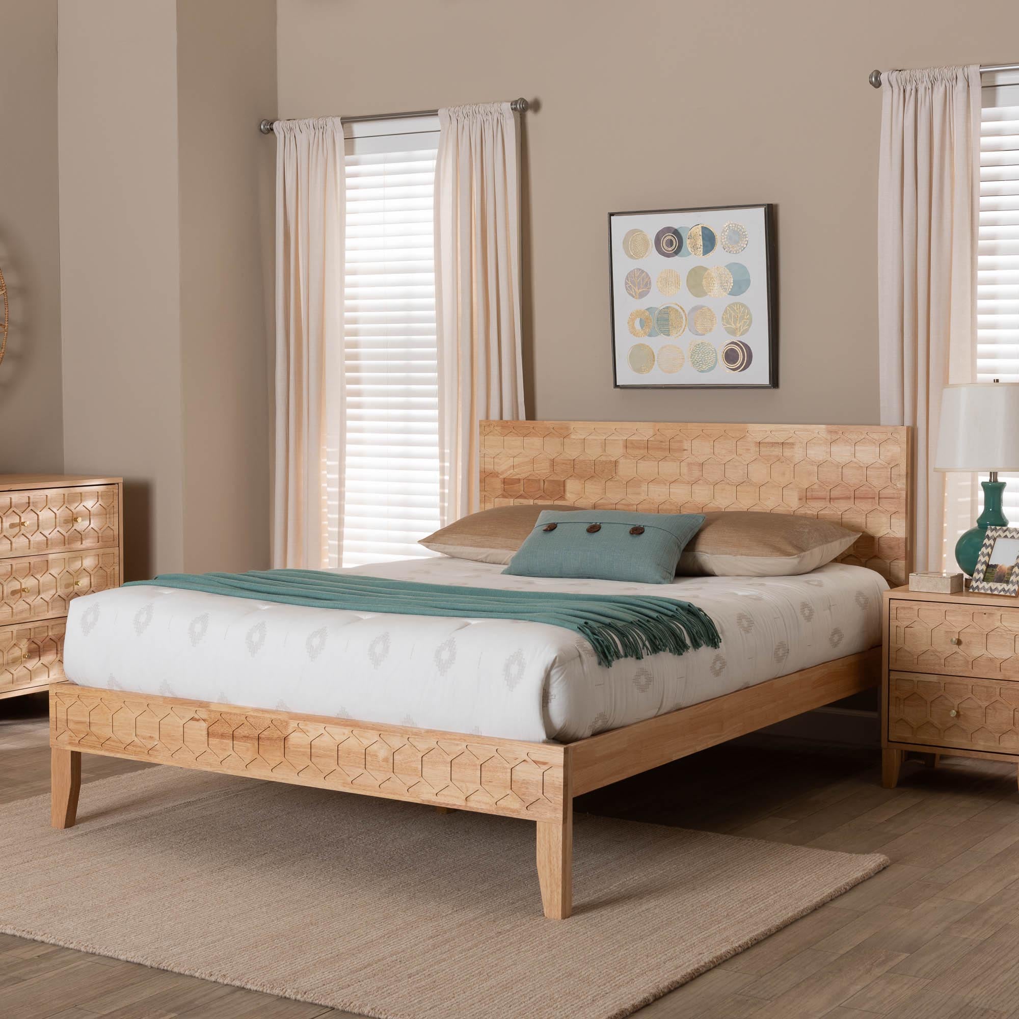 Shepton Queen Rubberwood Platform Bed – Carved Honeycomb Japandi Design
