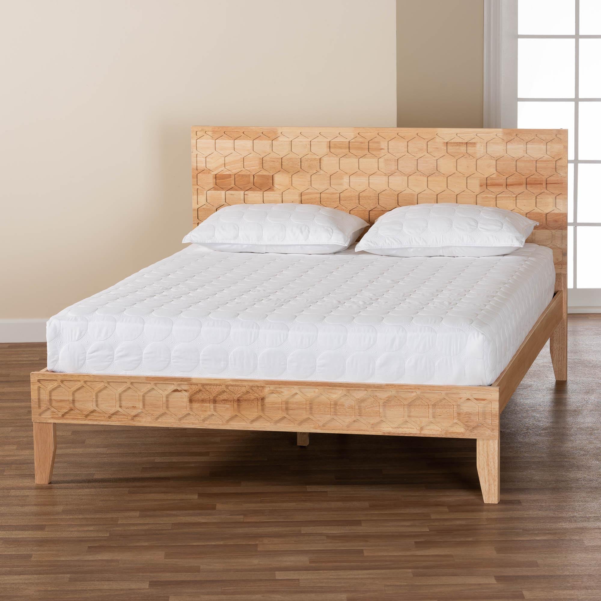 Shepton Queen Rubberwood Platform Bed – Carved Honeycomb Japandi Design