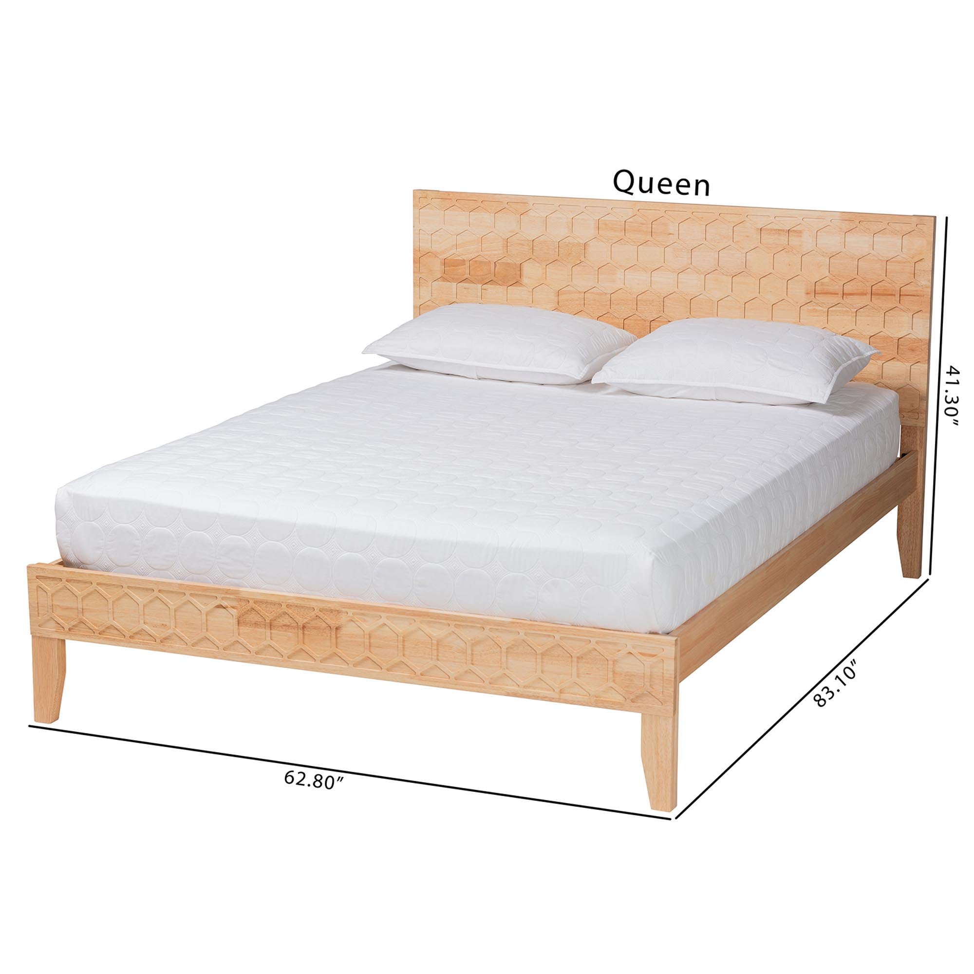 Shepton Queen Rubberwood Platform Bed – Carved Honeycomb Japandi Design
