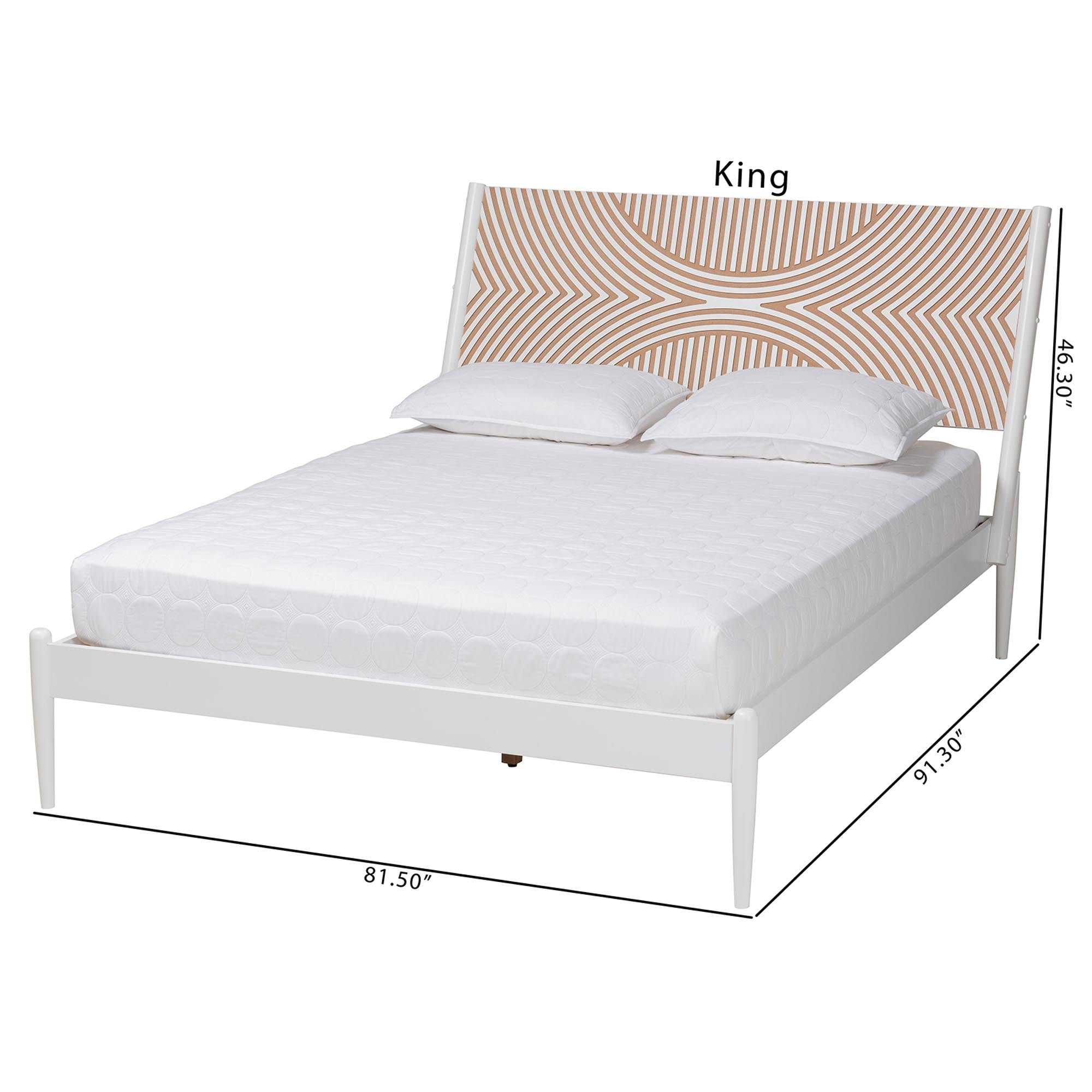 Paul Coastal King Size Platform Bed – White Wood with Geometric Carved Headboard