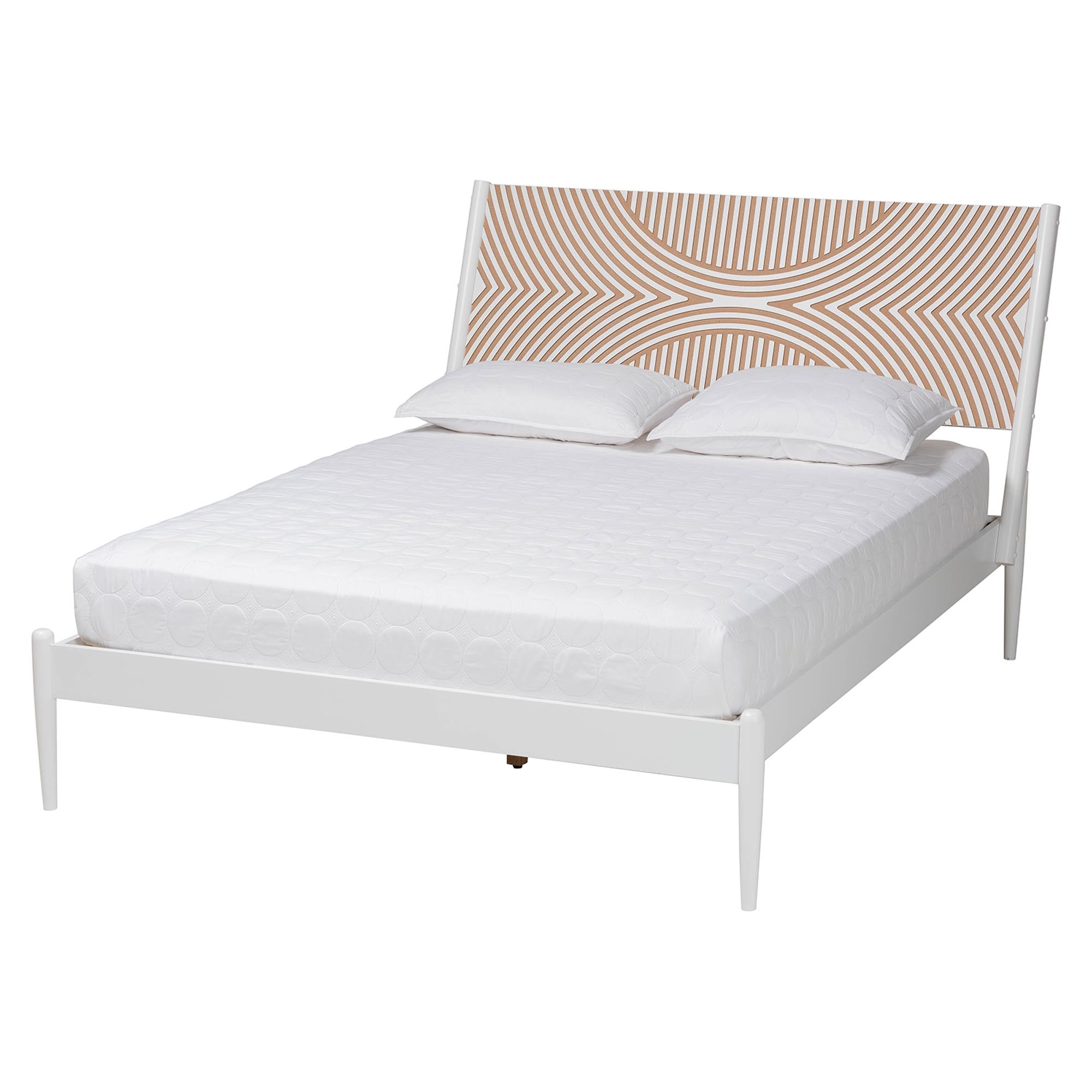 Enrique Queen Rubberwood Platform Bed Coastal White with Carved Geometric Headboard