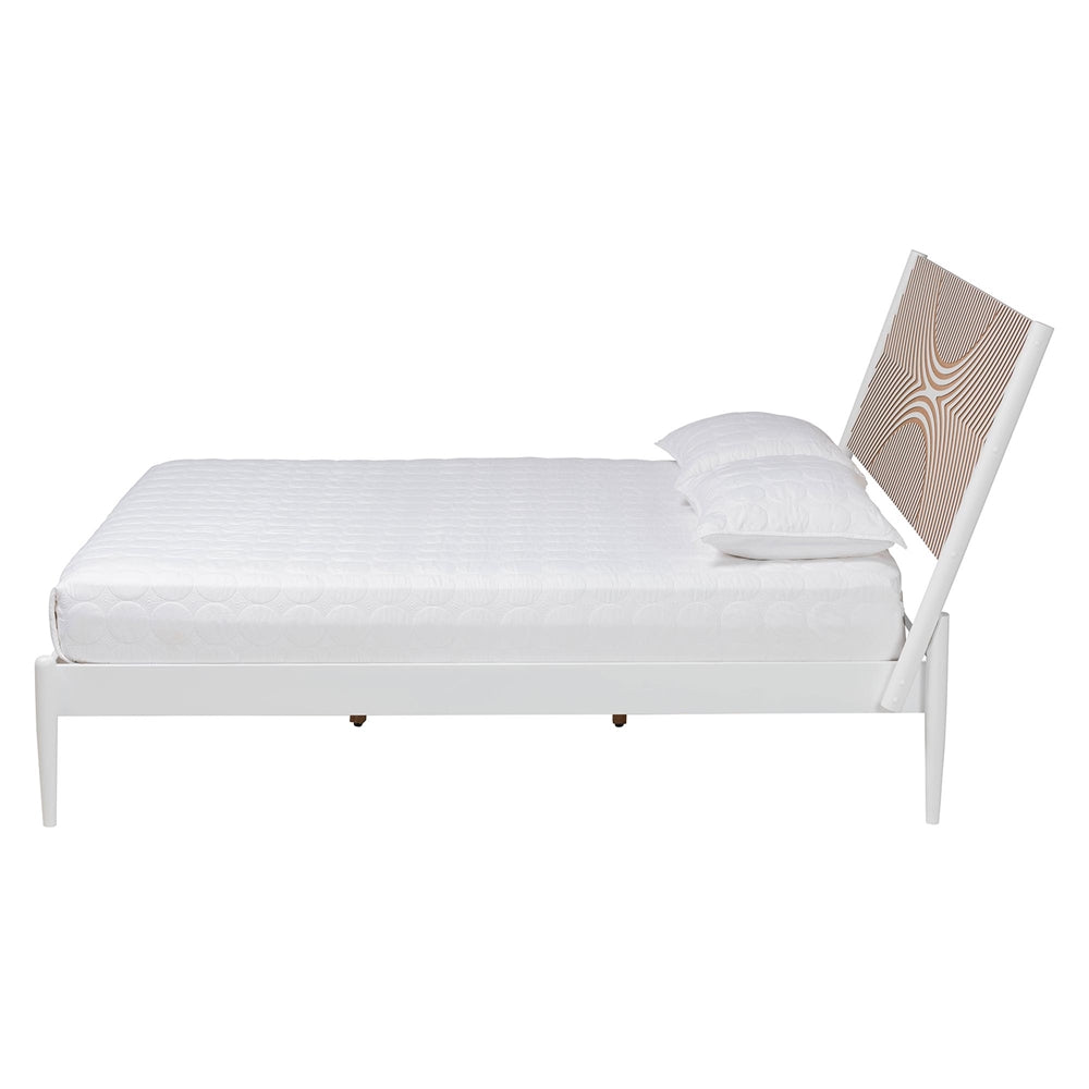 Paul Coastal King Size Platform Bed – White Wood with Geometric Carved Headboard
