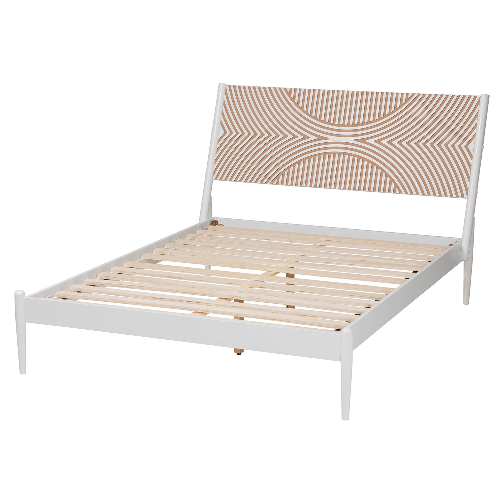 Paul Coastal King Size Platform Bed White Wood with Geometric Carved Headboard