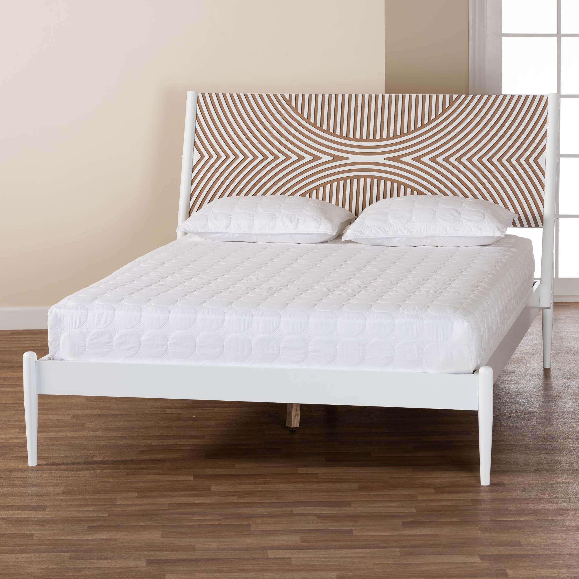 Paul Coastal King Size Platform Bed White Wood with Geometric Carved Headboard
