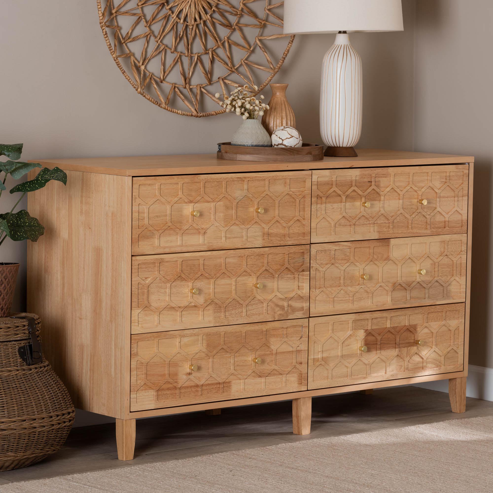 Hosea Japandi Carved Honeycomb Natural 6-Drawer Dresser