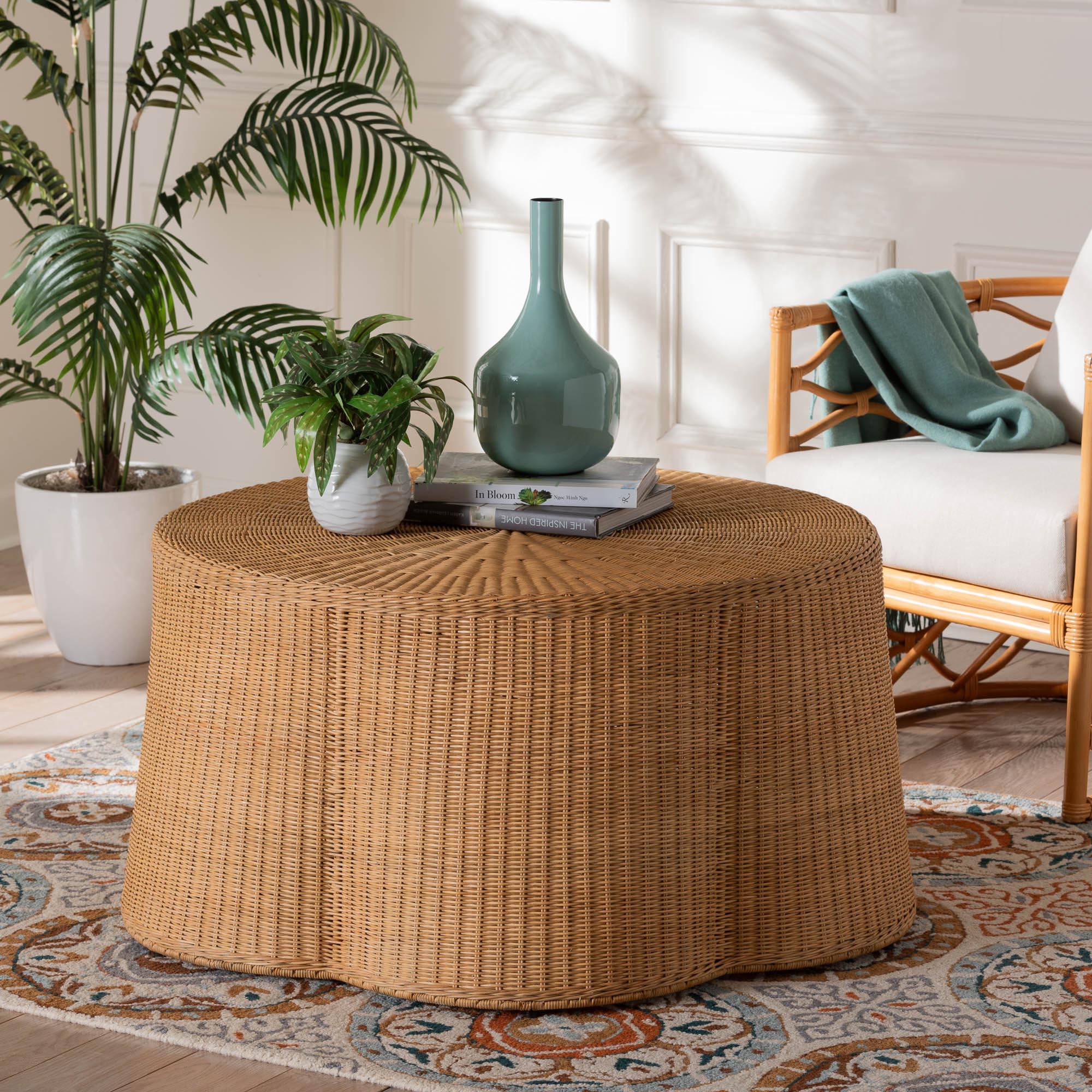 Palm Bohemian Honey Scallop Rattan Coffee Table