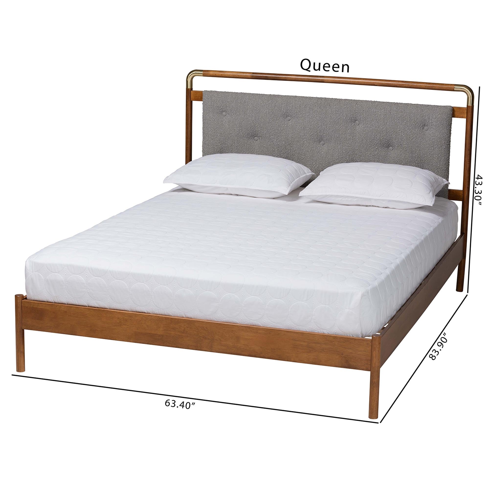 Jataya Queen Light Grey Bouclé & Walnut Wood Bed – Platform Design & Button Tufting
