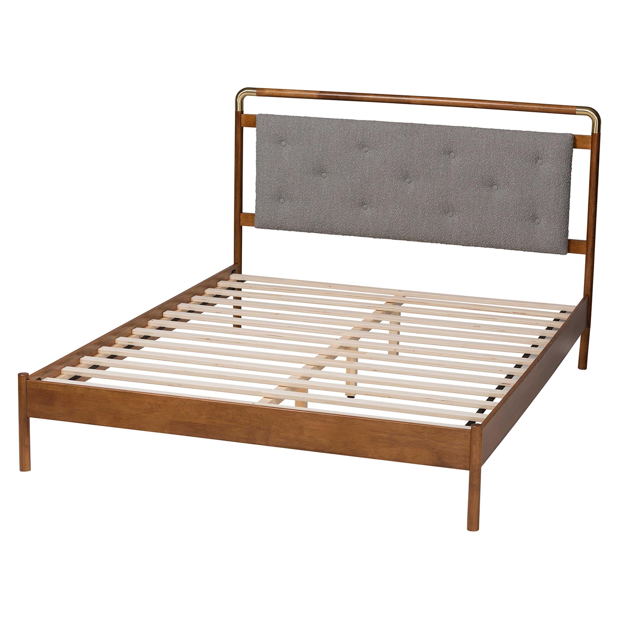 Jataya Queen Light Grey Bouclé & Walnut Wood Bed – Platform Design & Button Tufting