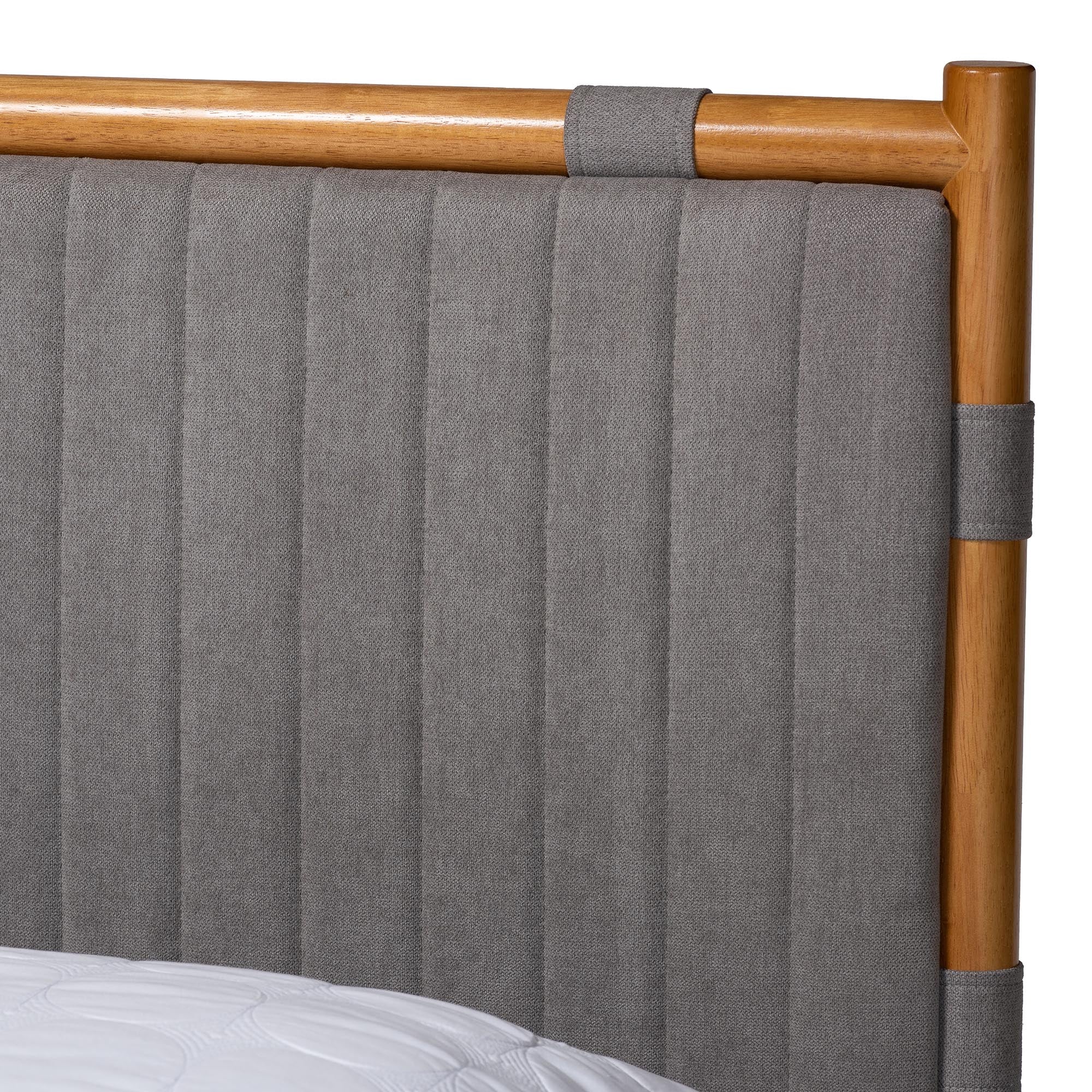 Jaiana Mid-Century Grey Fabric and Oak Brown Wood Queen Size Bed