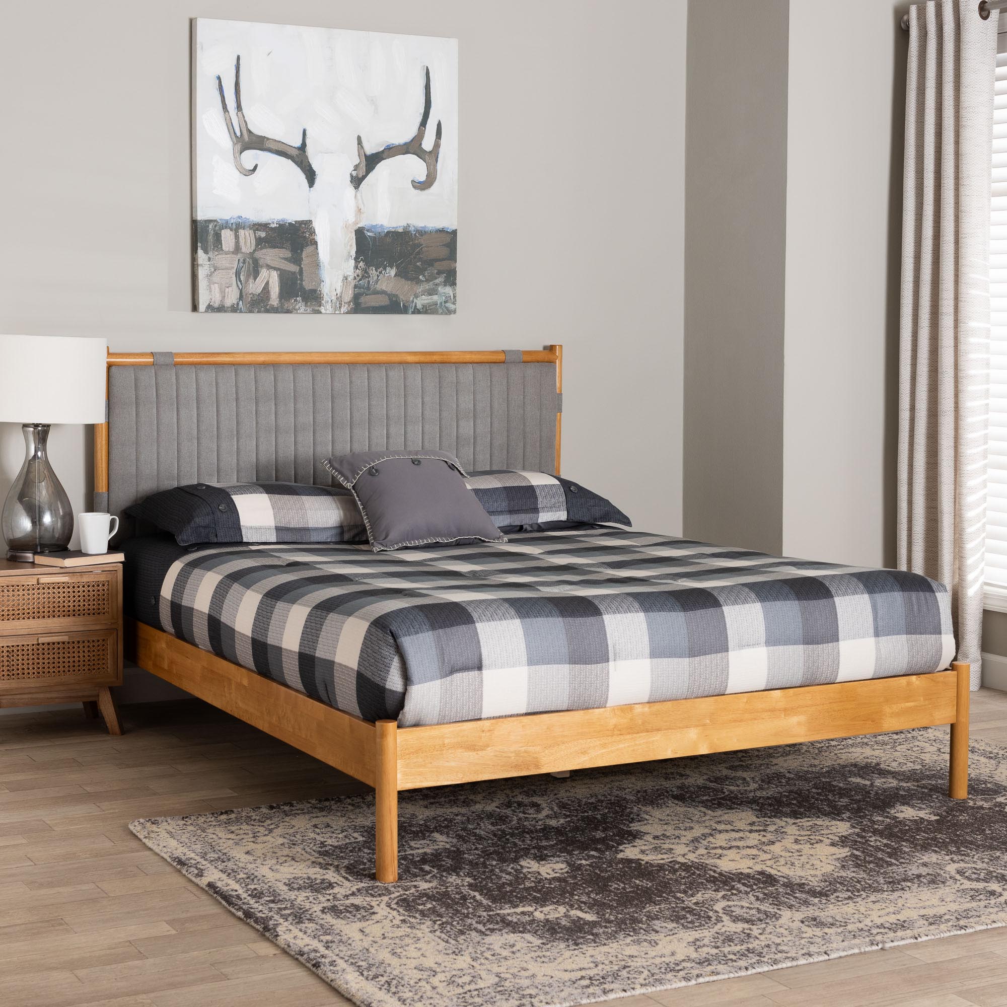 Jaiana Mid-Century Grey Fabric and Oak Brown Wood Queen Size Bed